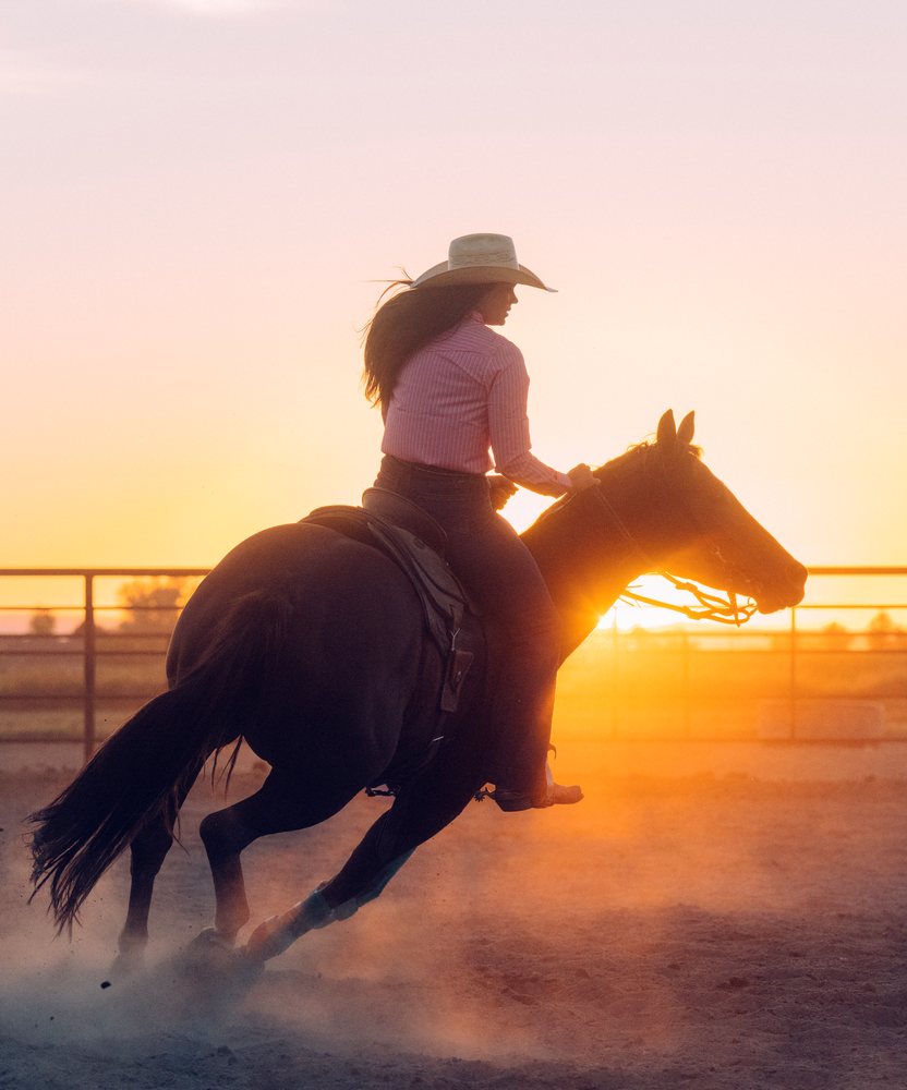 White woman riding horse in fenced arena at sunset in Southwest USA