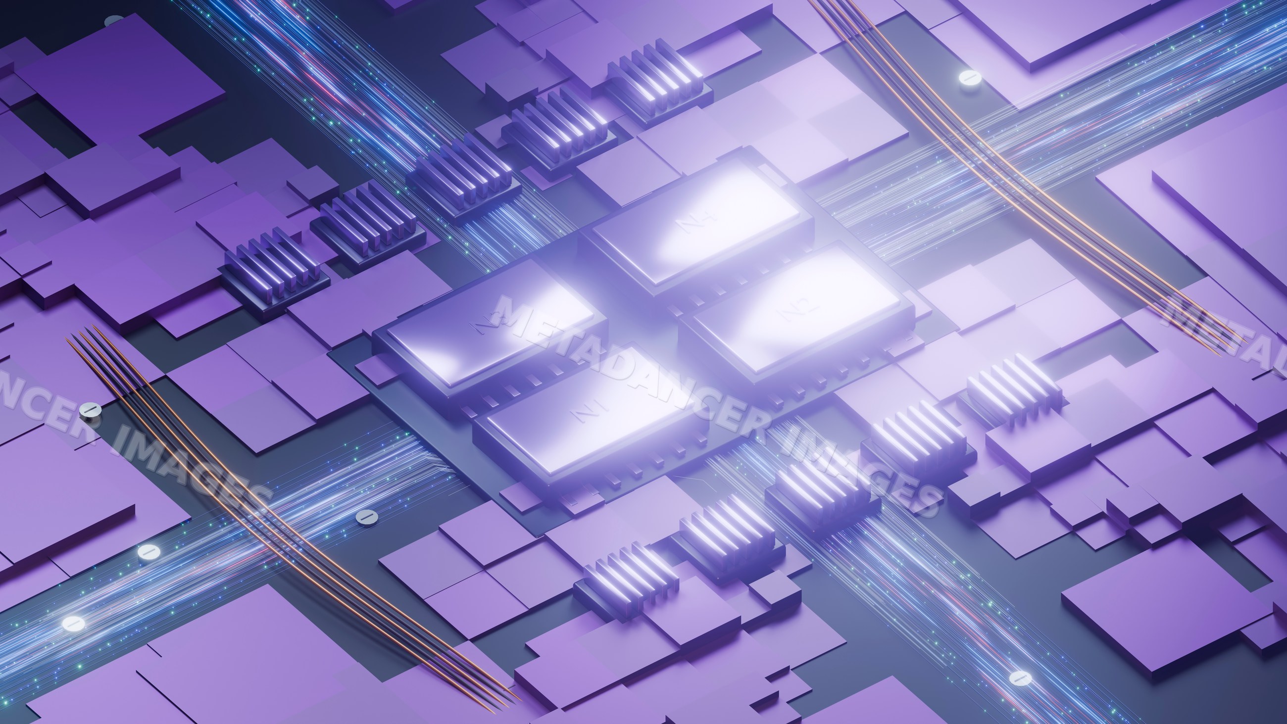 Circuit board with glowing microchips and digital data streams