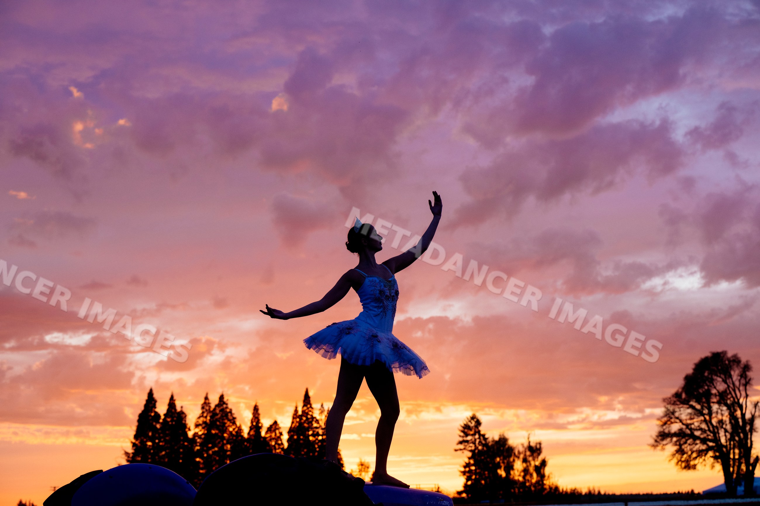 Ballet white dancer posing outdoors at sunset with colorful sky