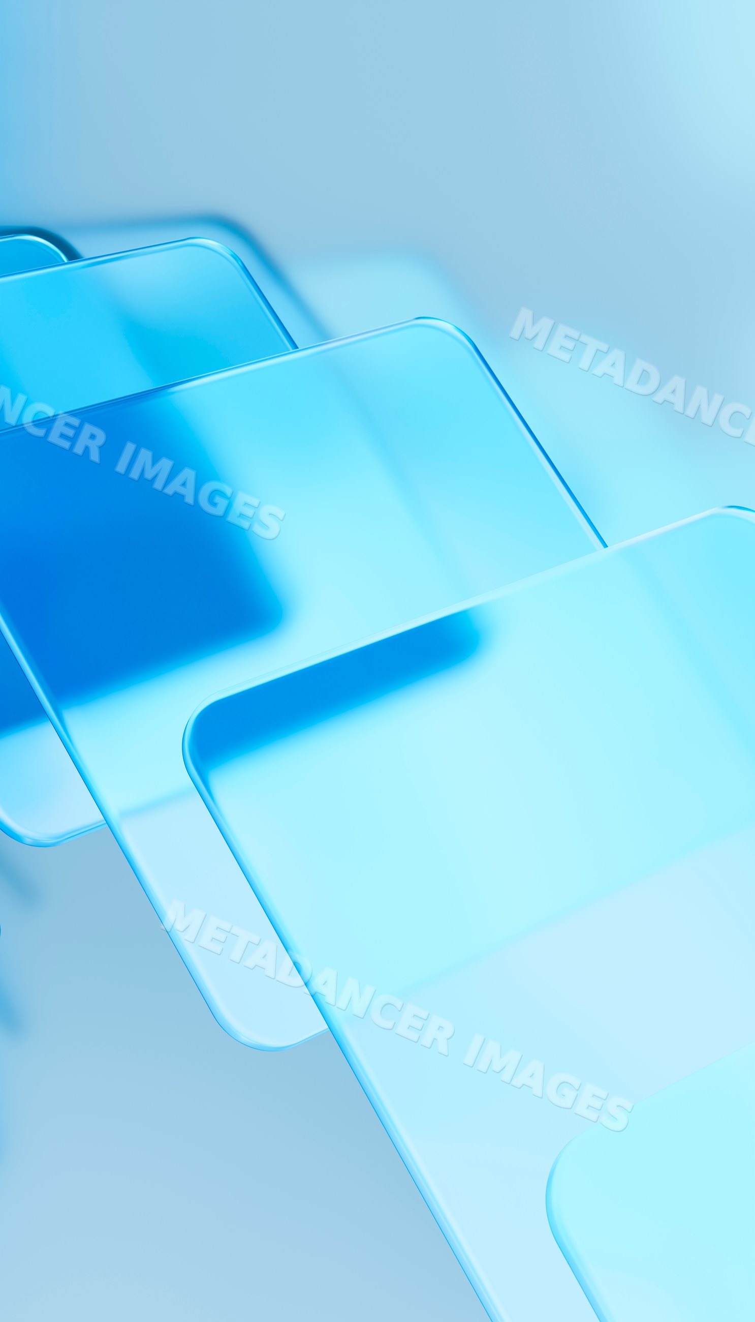 Stacked transparent blue glass panels with smooth reflective surfaces