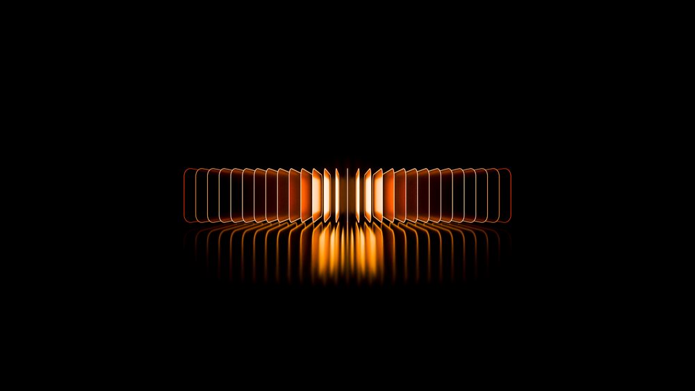 Orange glowing dominoes arranged in symmetrical row with reflection