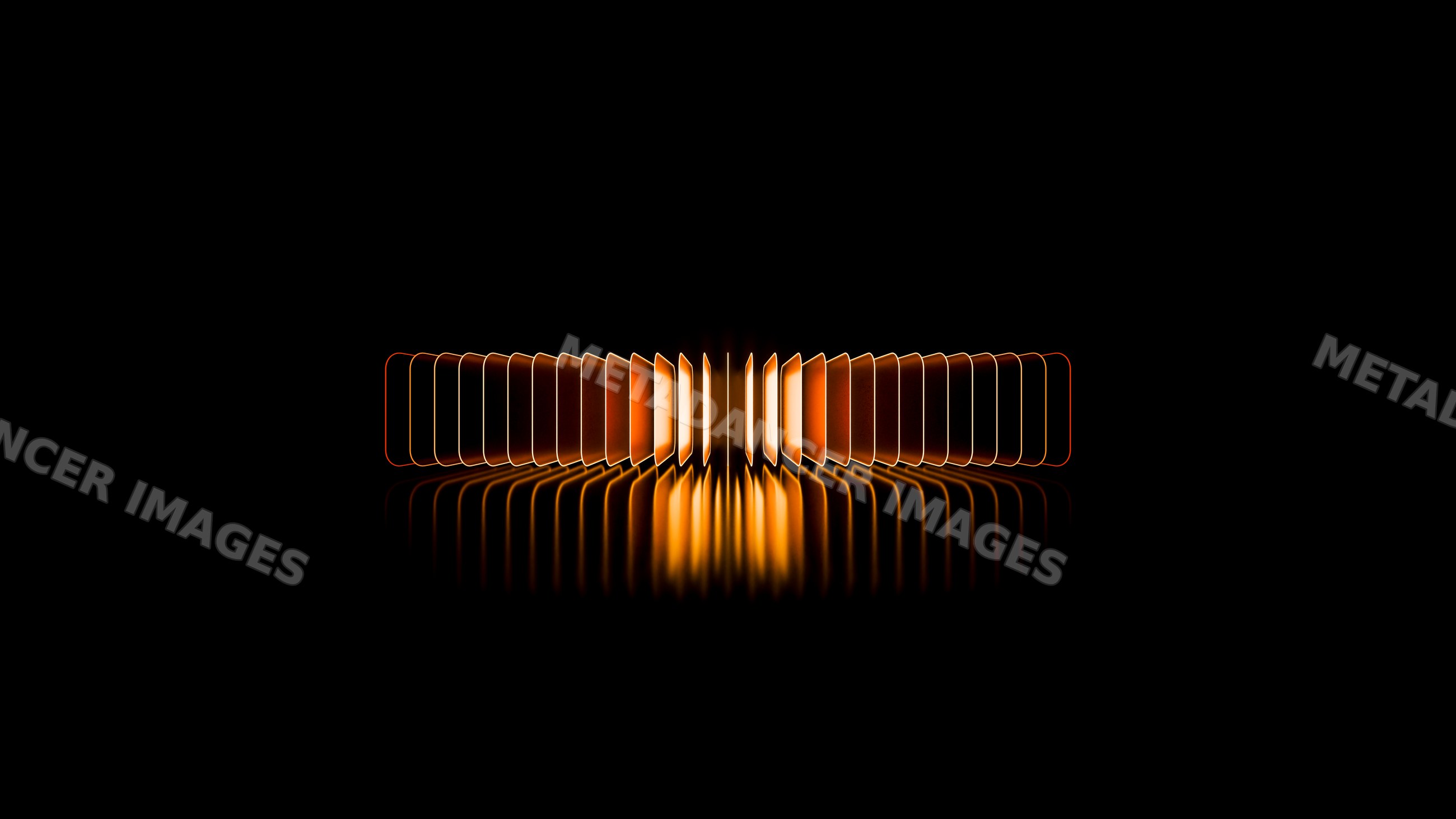 Orange glowing dominoes arranged in symmetrical row with reflection