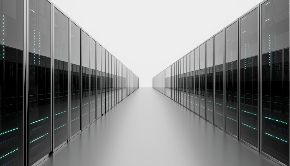 Row of server racks in a modern technology room