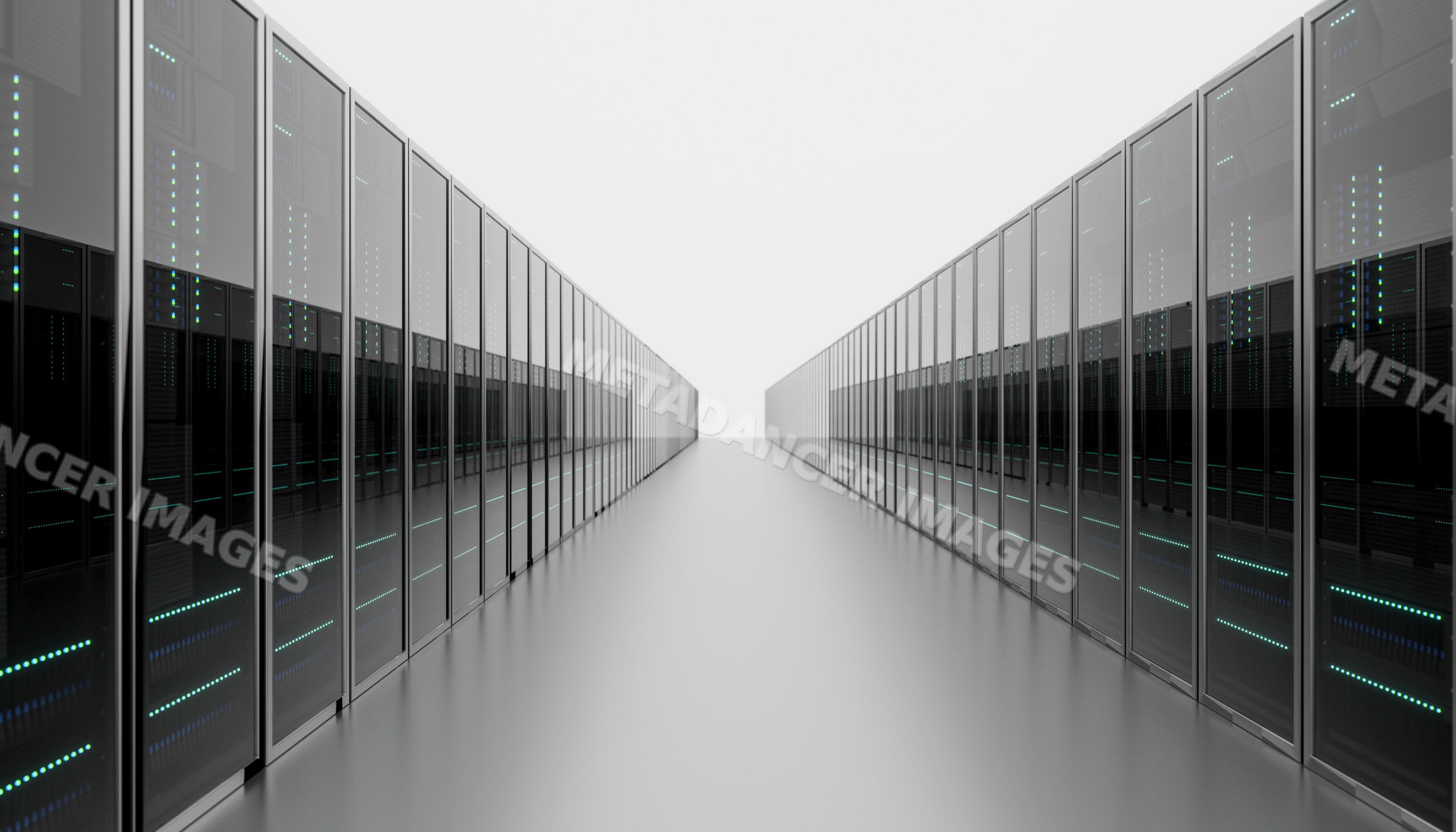 Row of server racks in a modern technology room