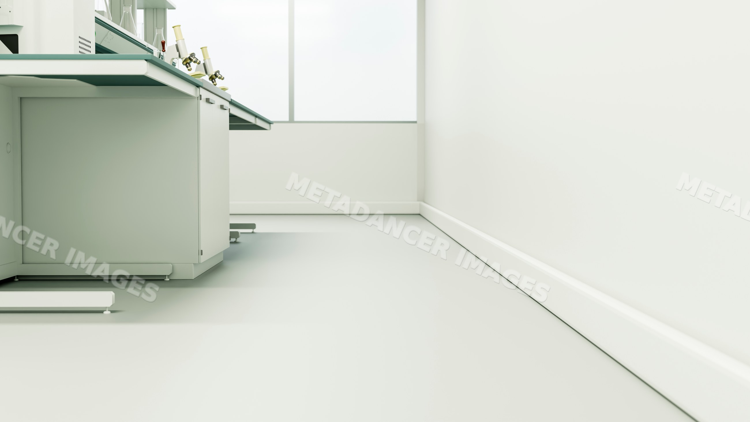 Laboratory workbench with microscopes in white research room