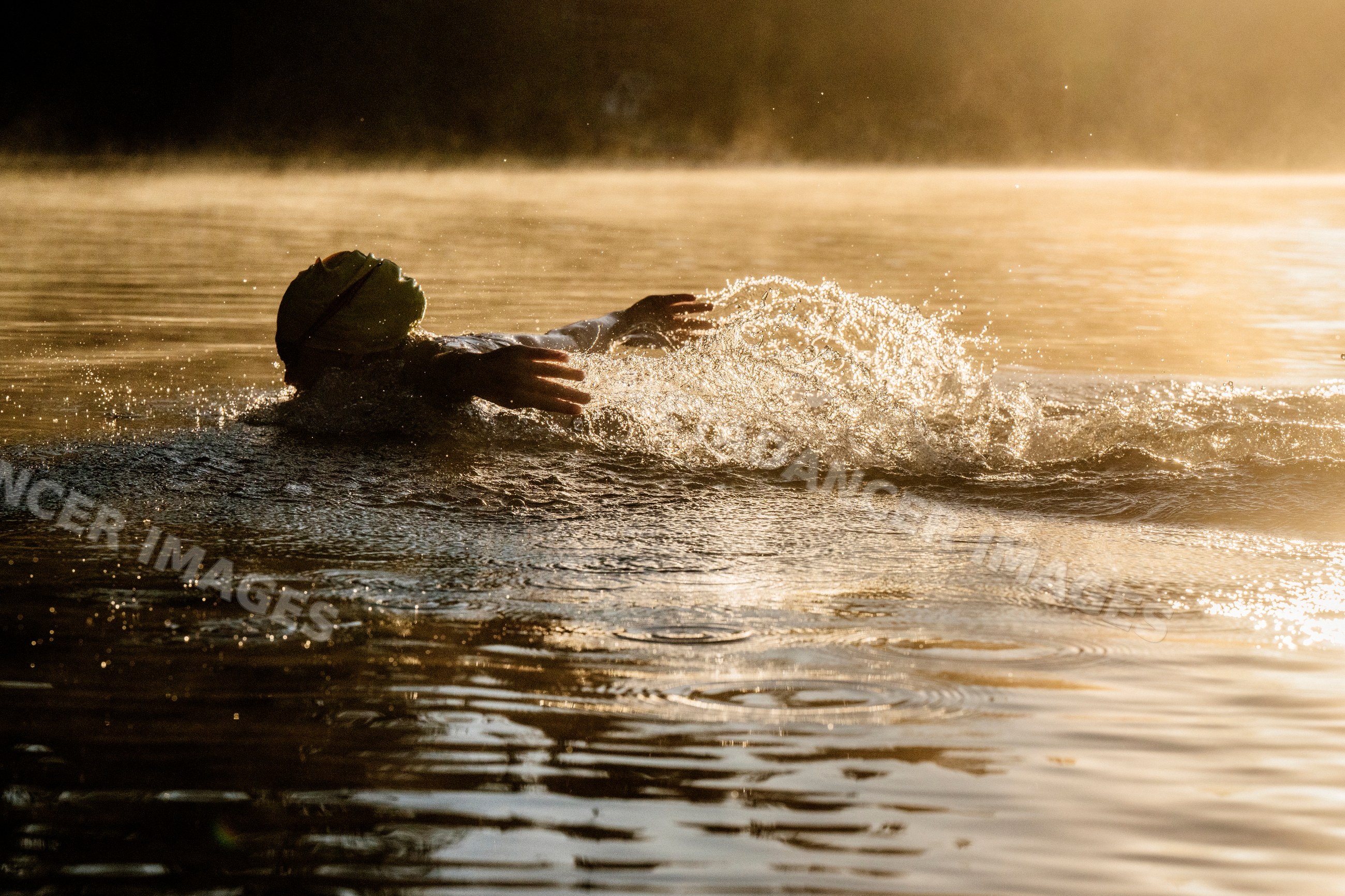 White swimmer doing backstroke in open water with morning light