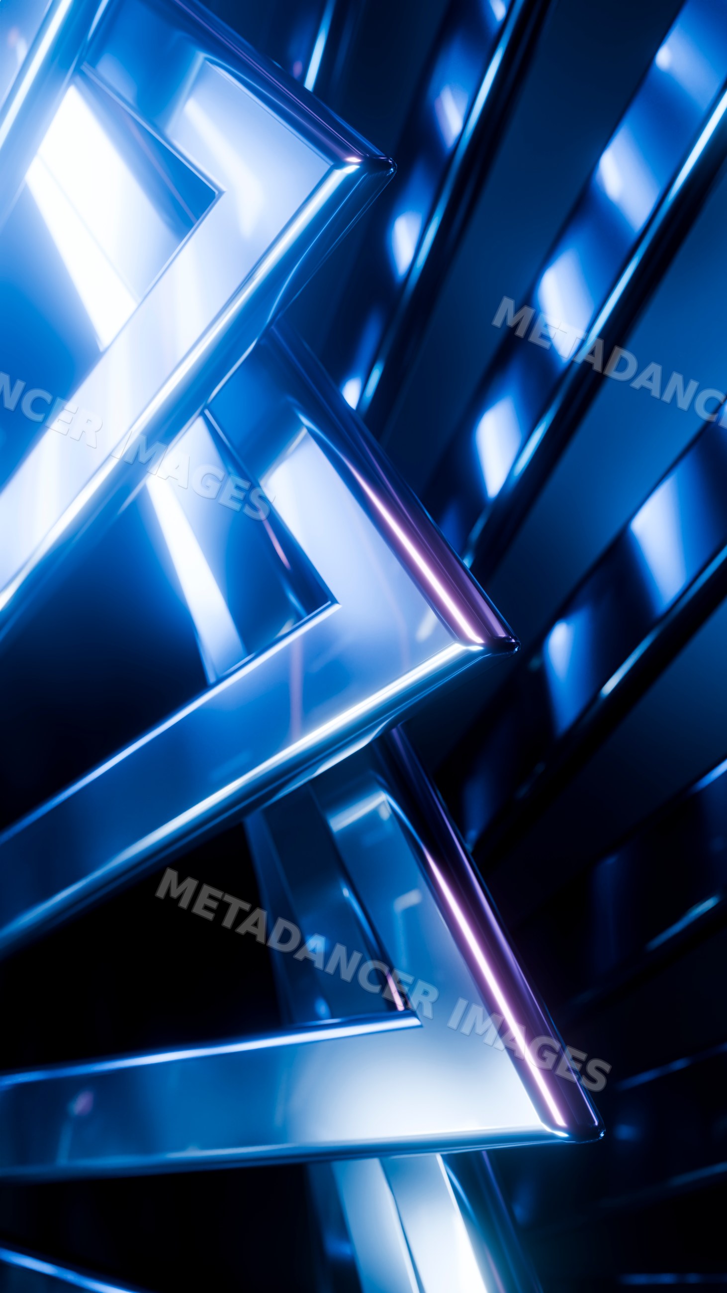 Abstract blue metallic geometric shapes with reflective surfaces