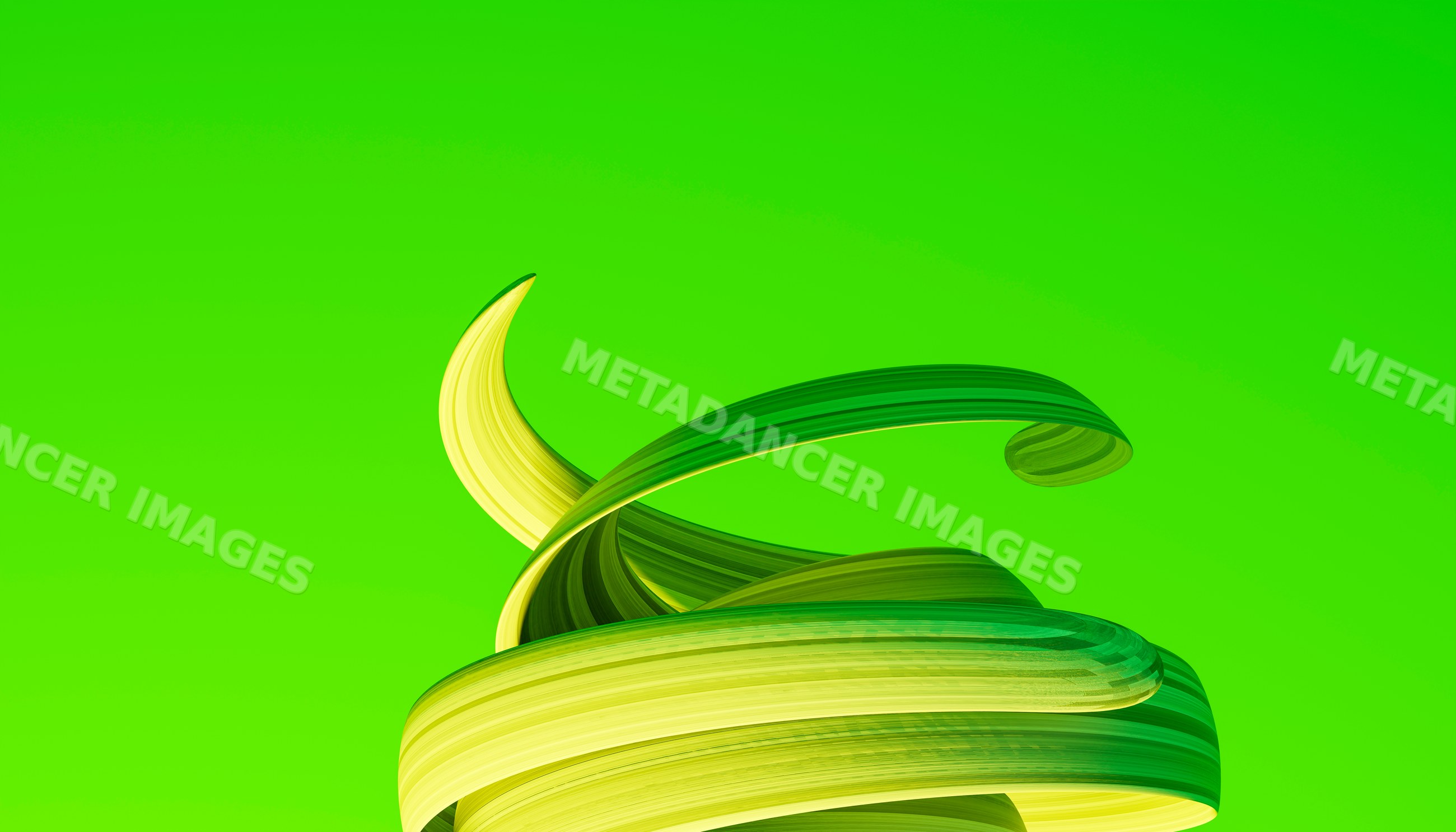 Abstract twisted green and yellow ribbon sculpture on vibrant