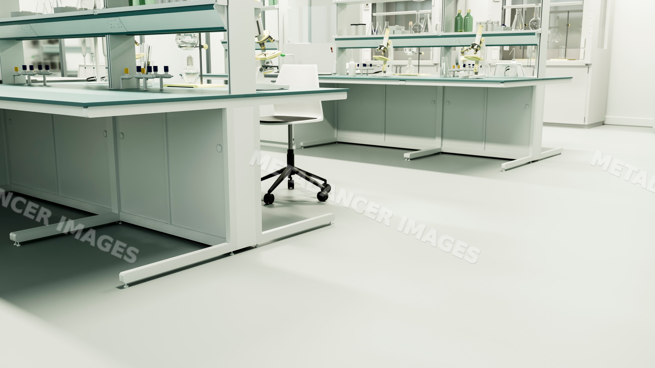 Laboratory with microscopes and glassware in bright clean workspace