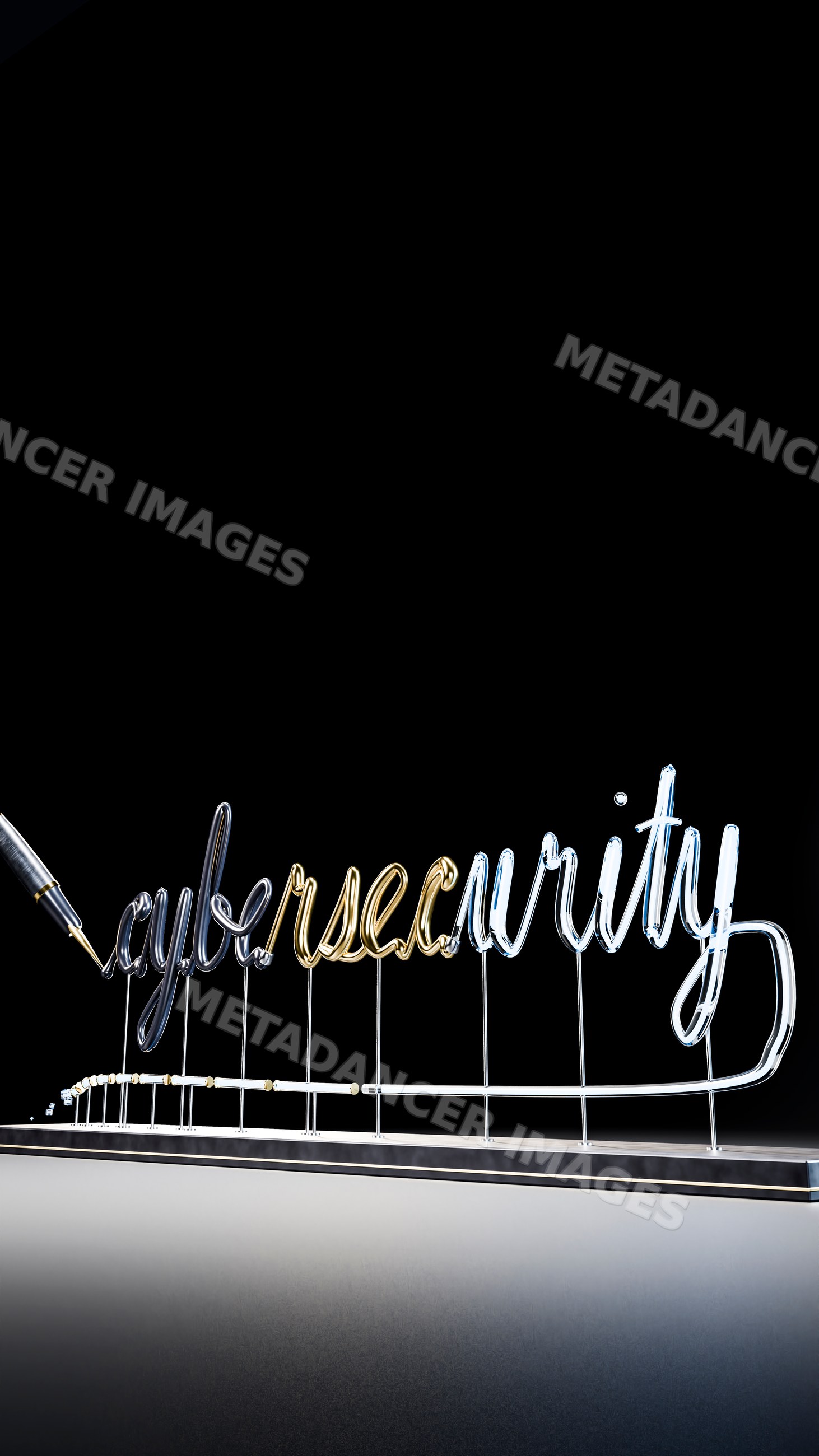 Neon-style cybersecurity word written by pen on black background