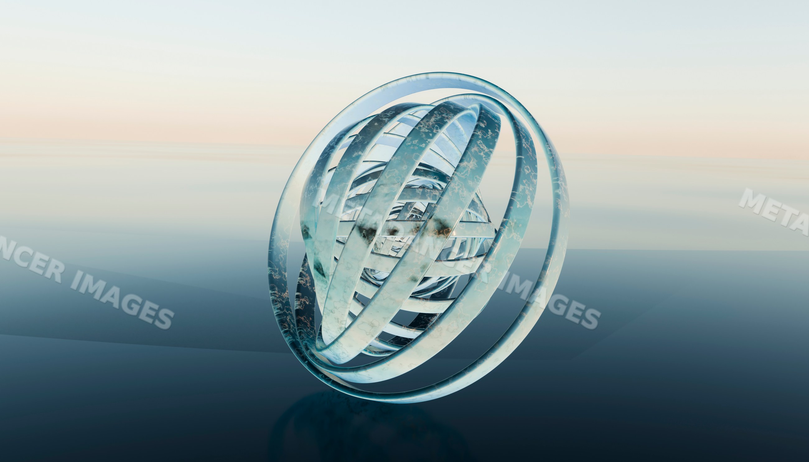 A 3d abstract sculpture of floating metal rings