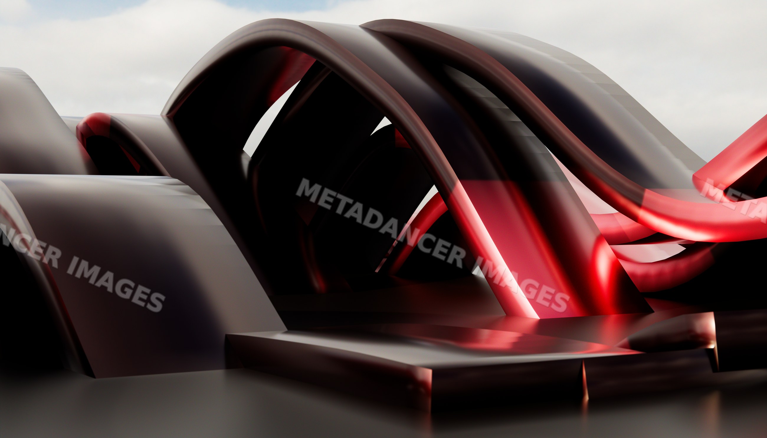 Close-up view of curved black and red metallic tubes