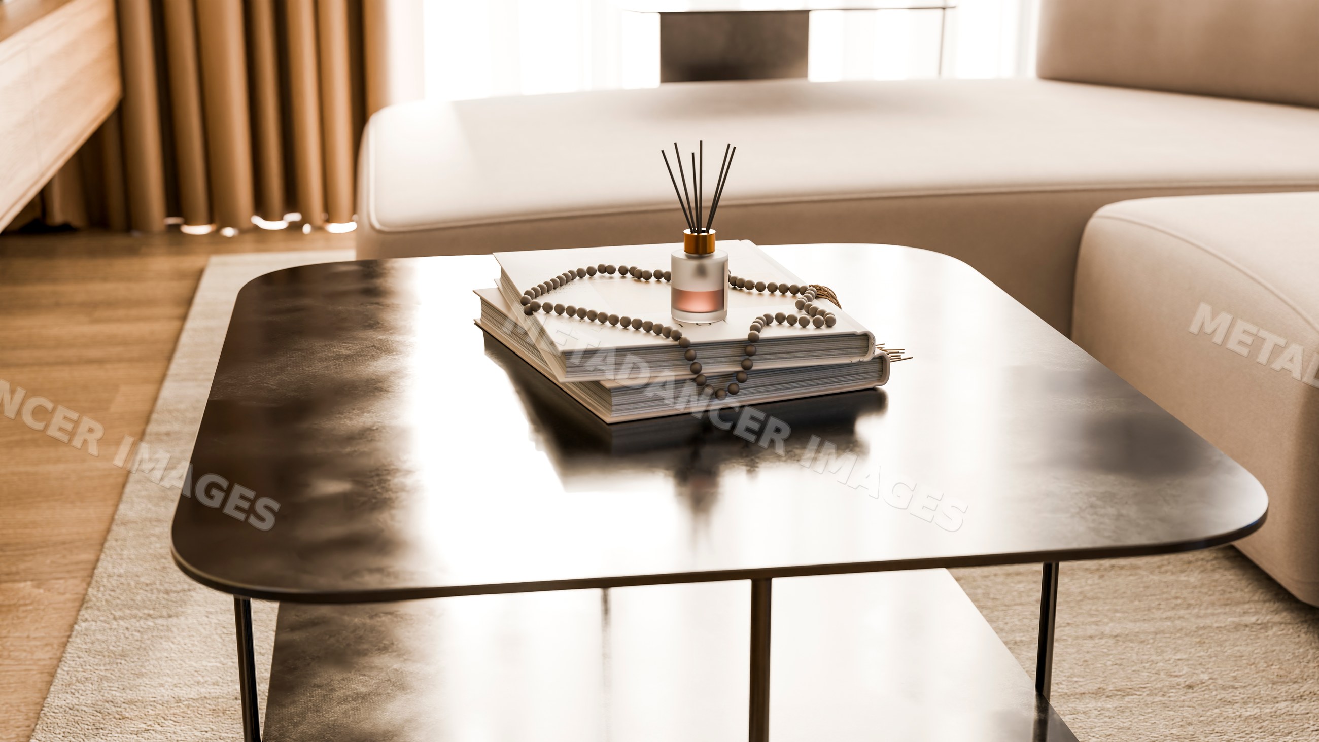 Modern living room coffee table with books and aroma diffuser