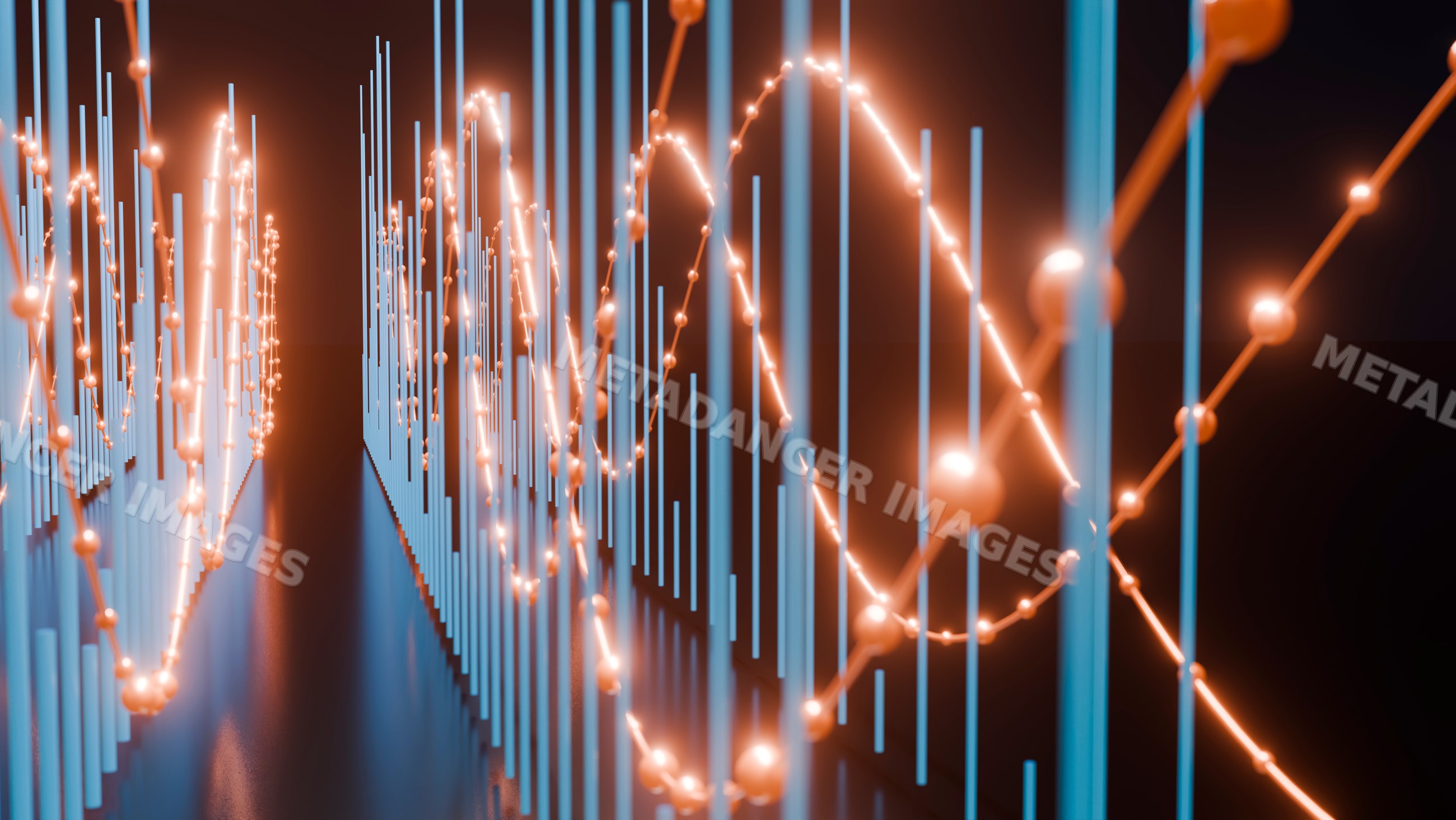 Digital 3d illustration of glowing data waves and vertical bars