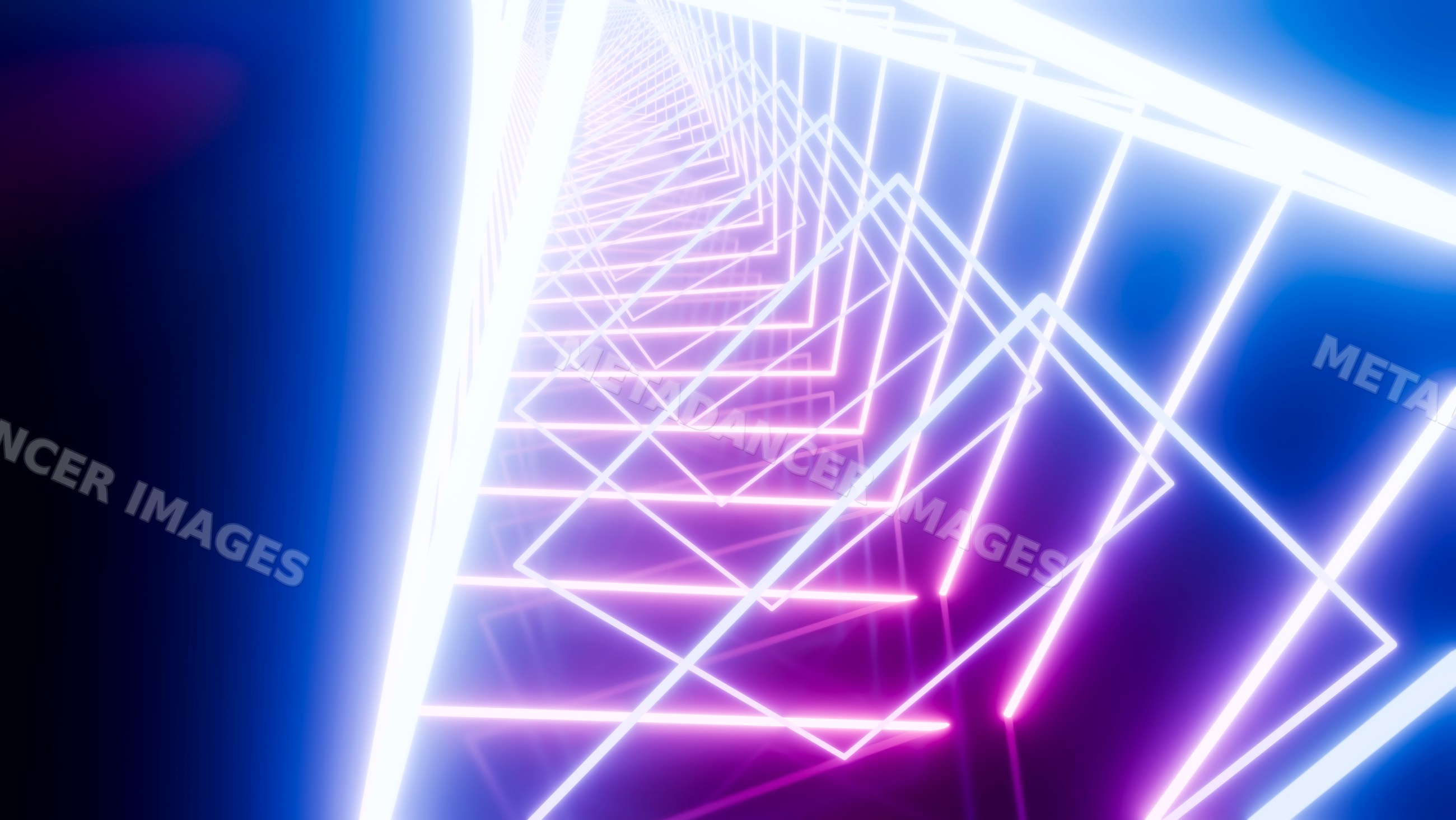 Abstract neon light tunnel digital illustration with geometric shapes