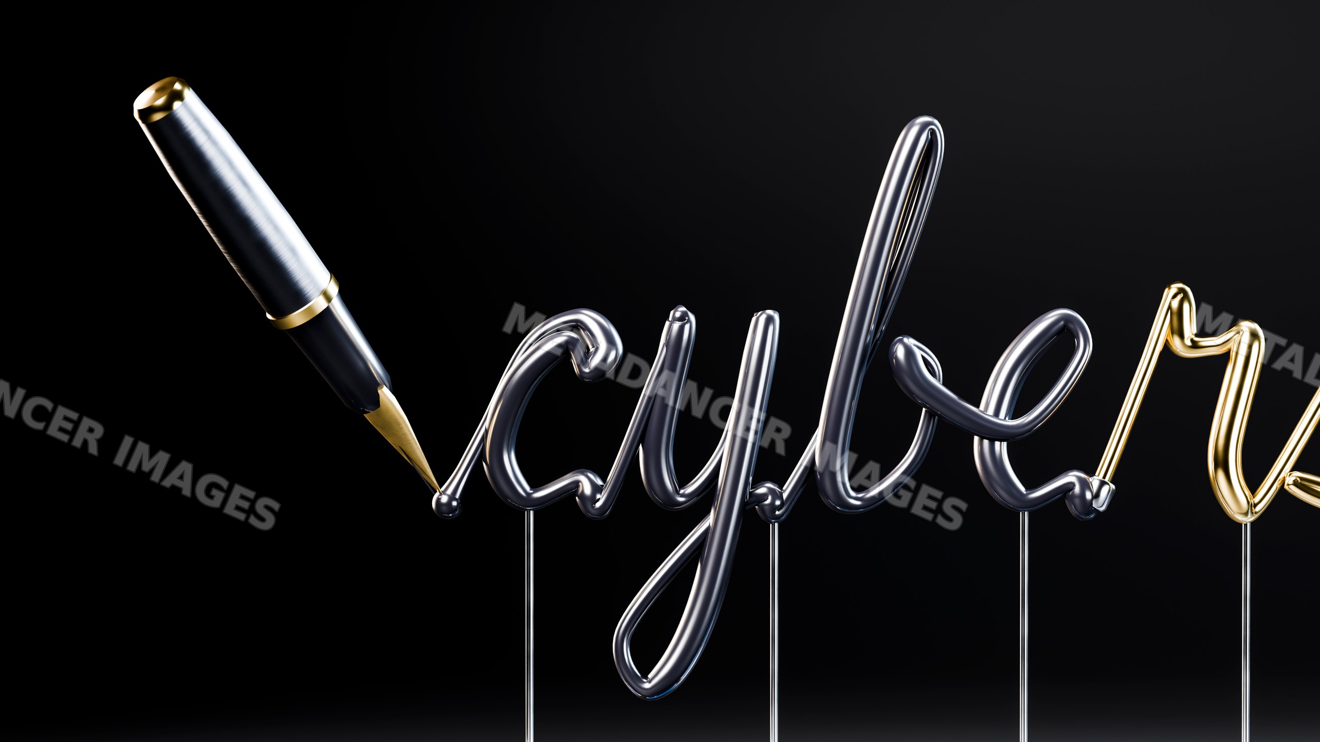 Silver and gold metallic script word written by fountain pen tip