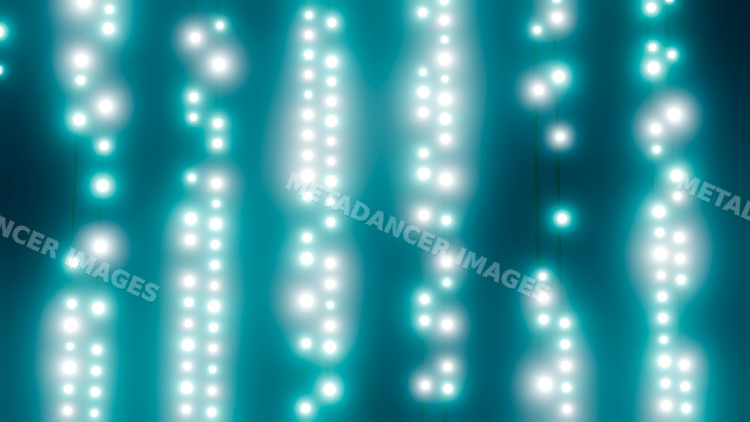Glowing white string lights hanging against blue background