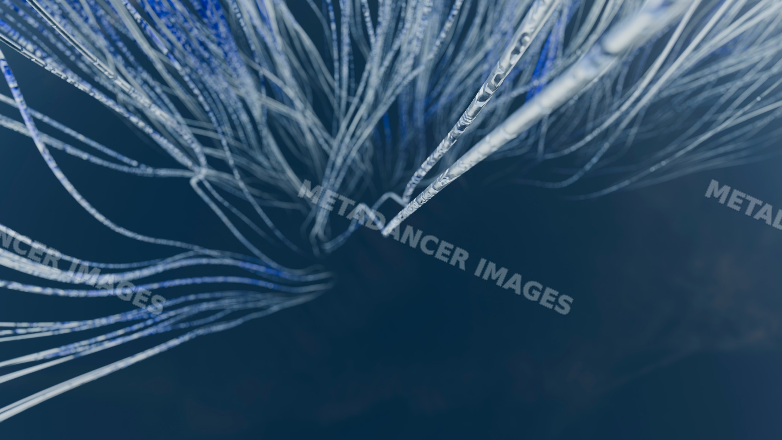 Fiber optic cables glowing with blue light representing data