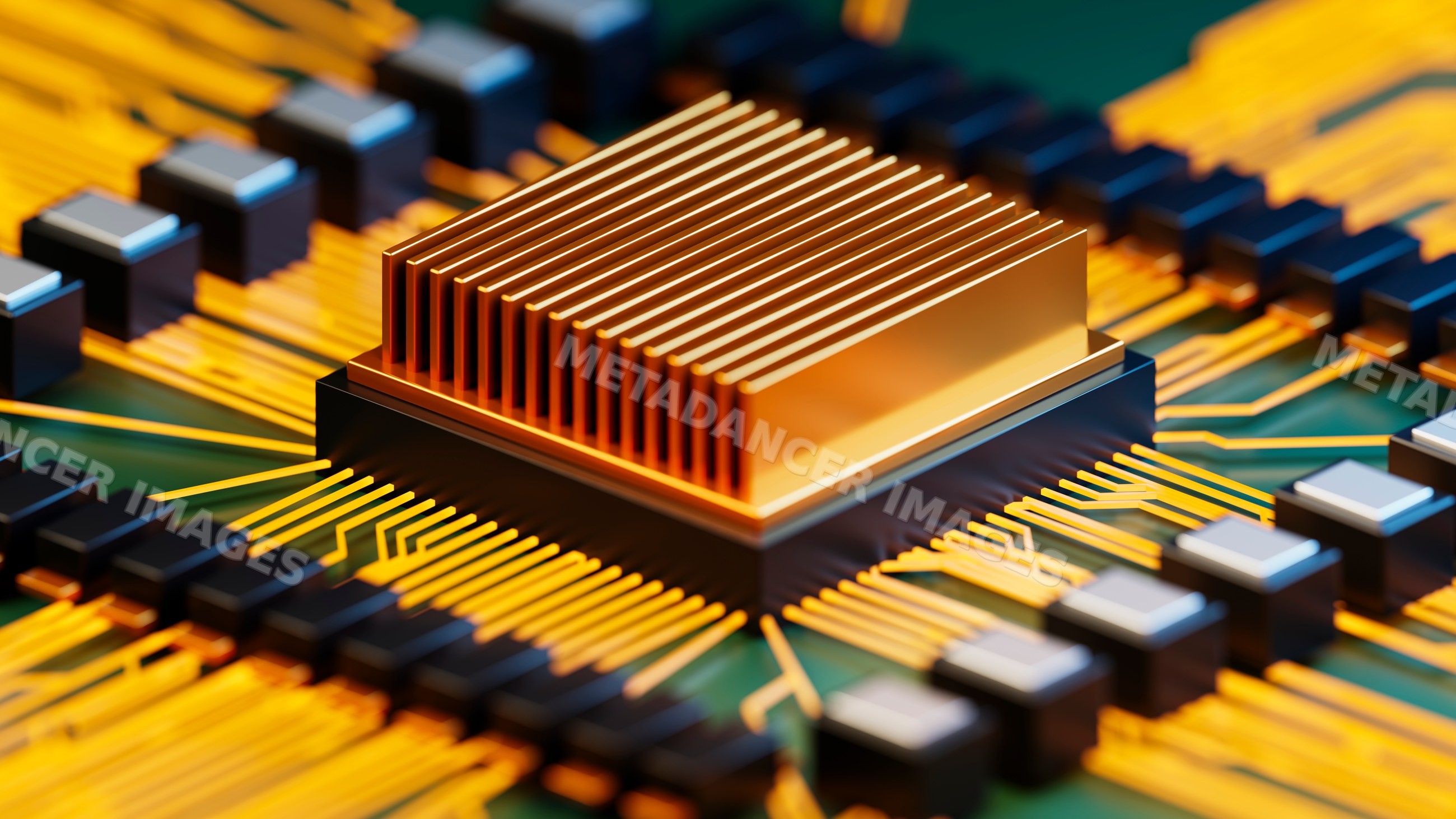 Close-up of computer chip with golden heat sink on circuit board