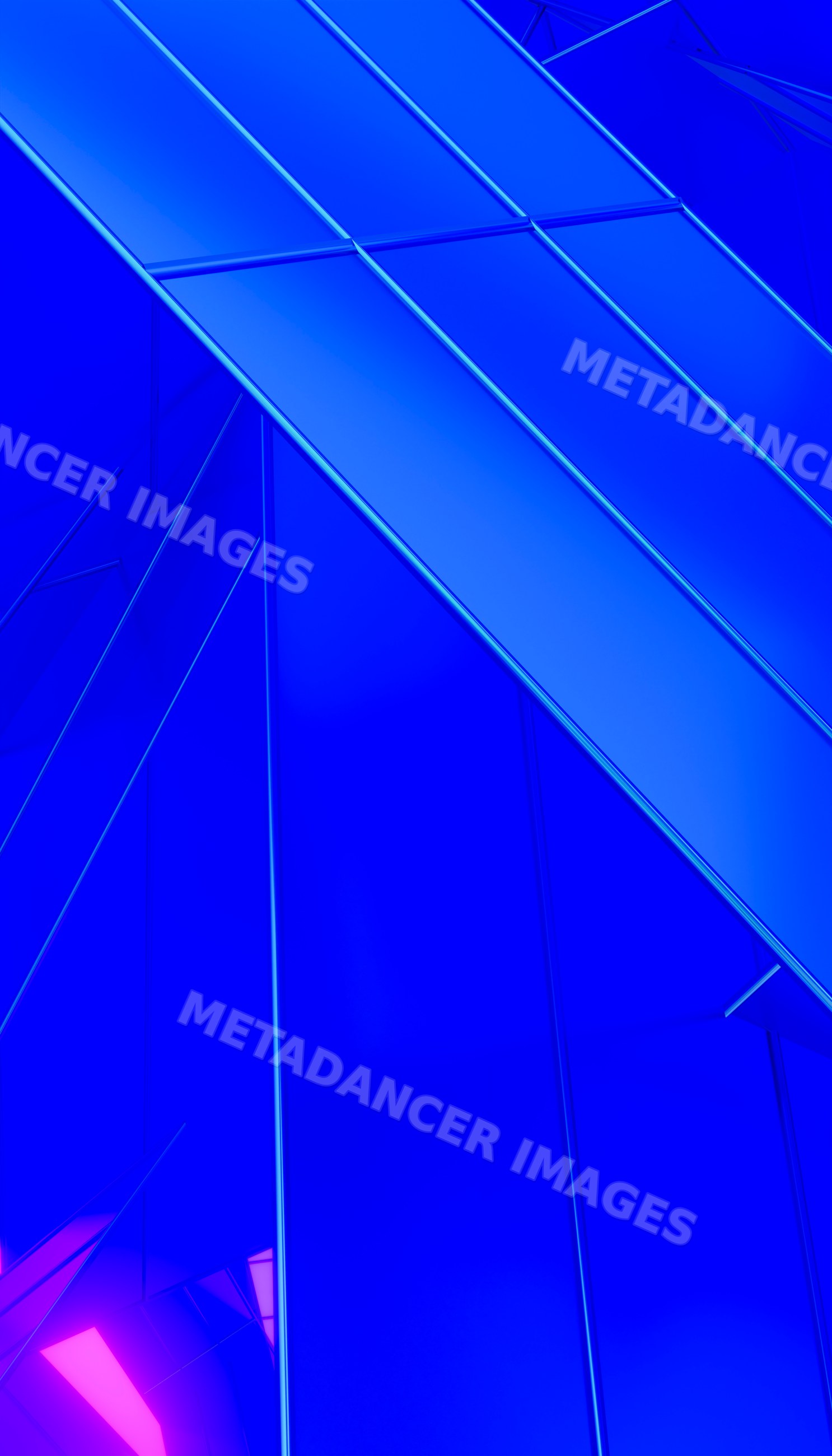 A digital rendering of intersecting blue geometric shapes with neon