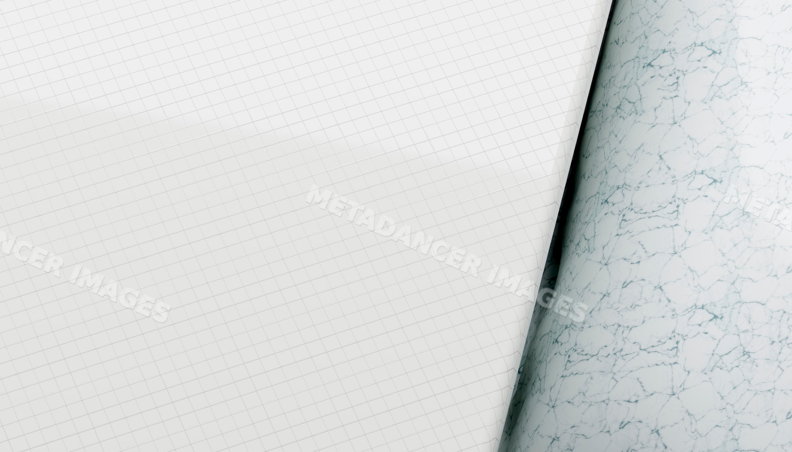 Close-up rendering of white grid paper curled beside a marbled sheet