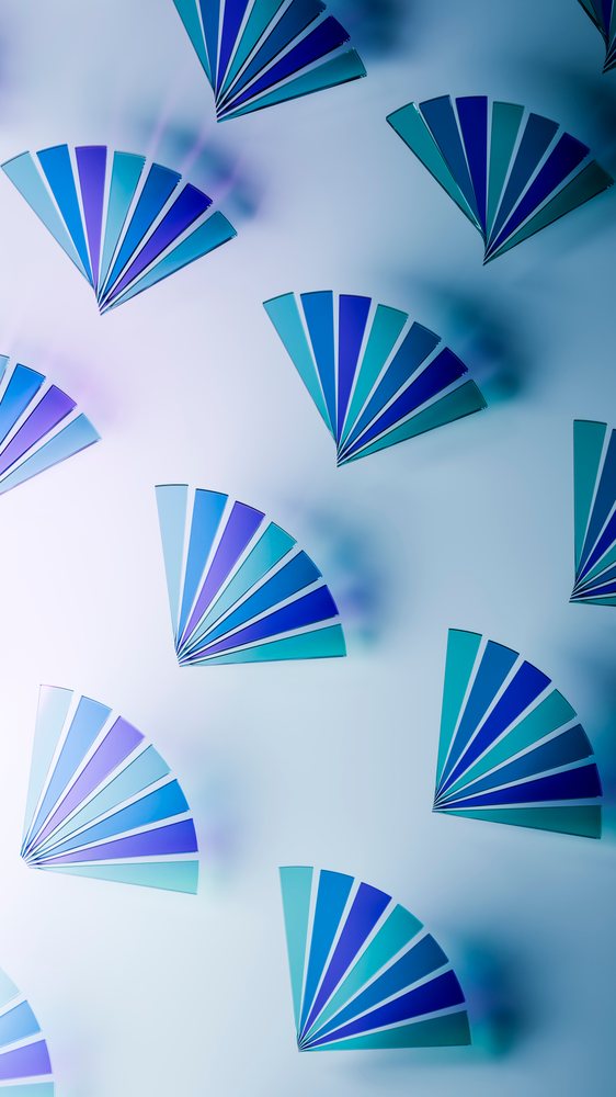 Blue color swatches in multiple fan deck arrangements