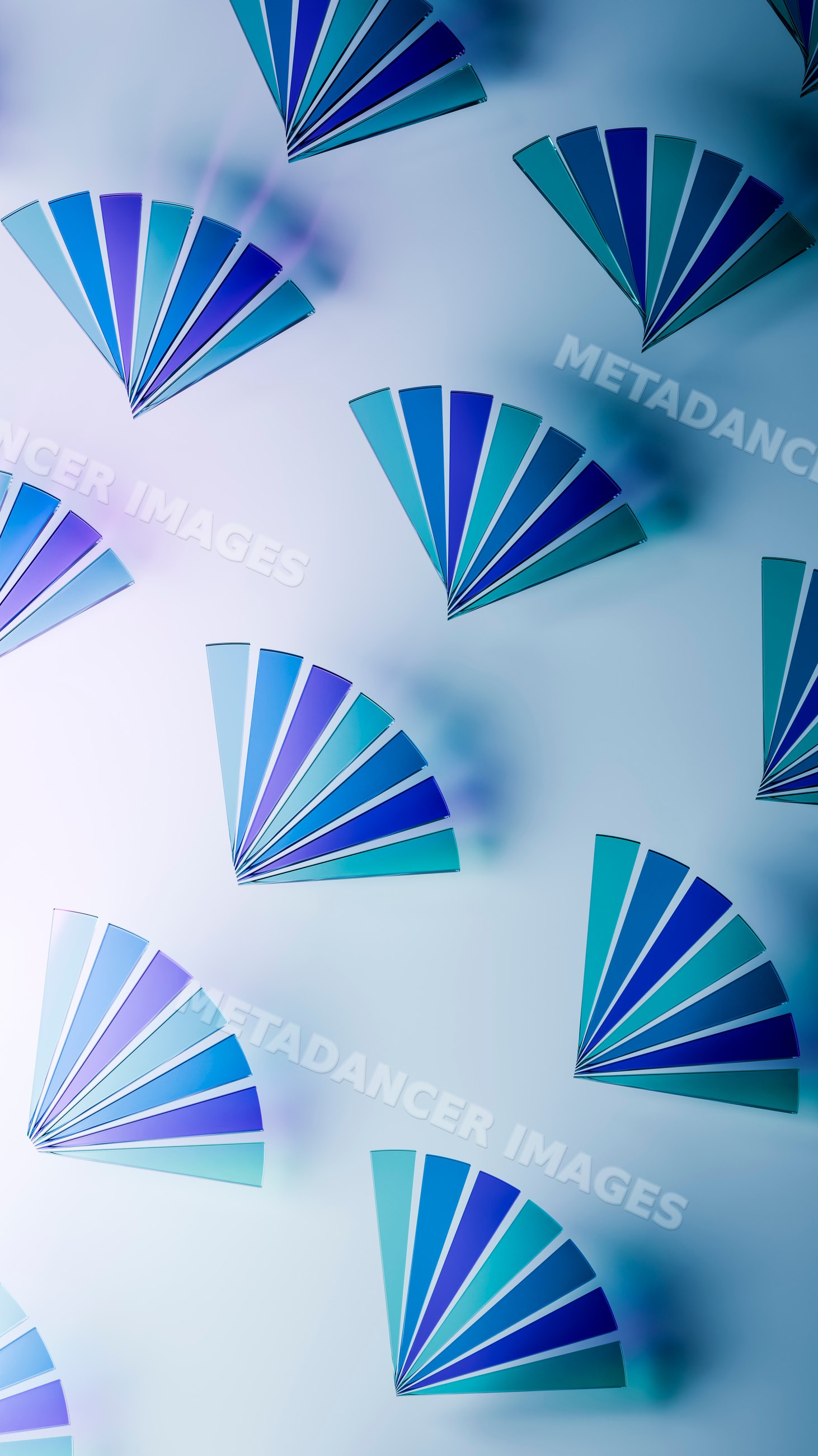 Blue color swatches in multiple fan deck arrangements