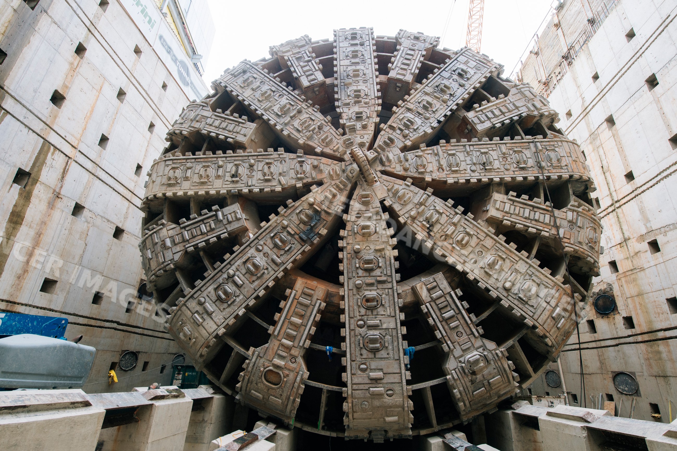 A tunnel boring machine drilling tunnels in a construction shaft