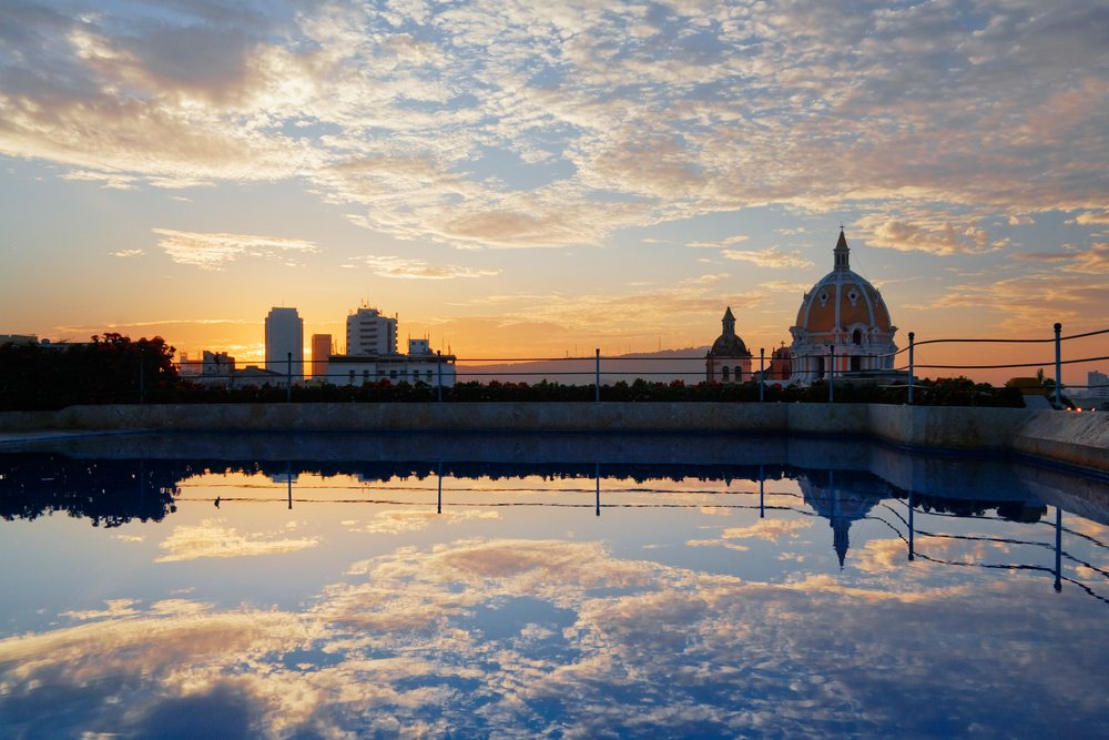 Iglesia de san pedro claver reflected at sunset colombia