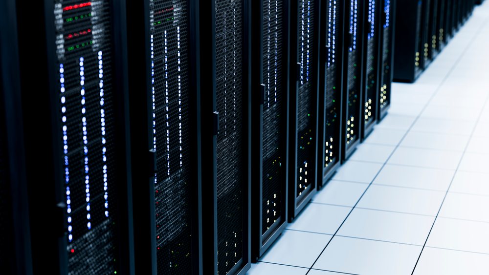 Computer server racks with led lights in a data center environment