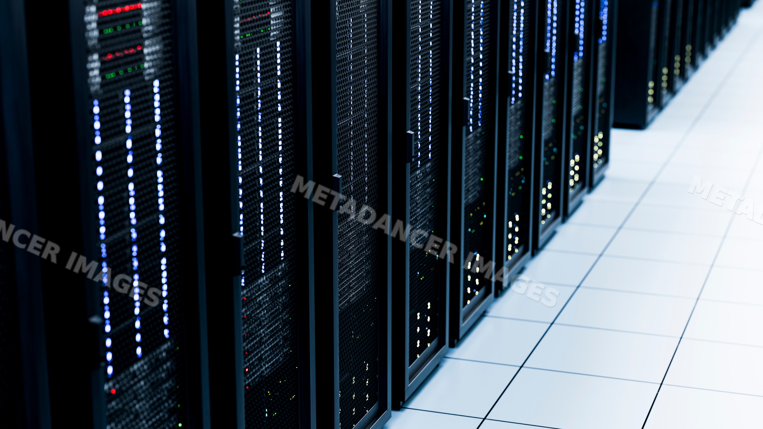 Computer server racks with led lights in a data center environment