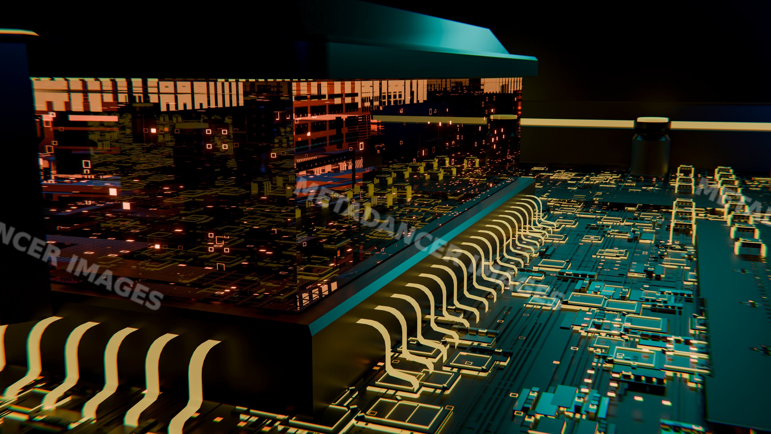 Close-up illustration of glowing microchip on circuit board