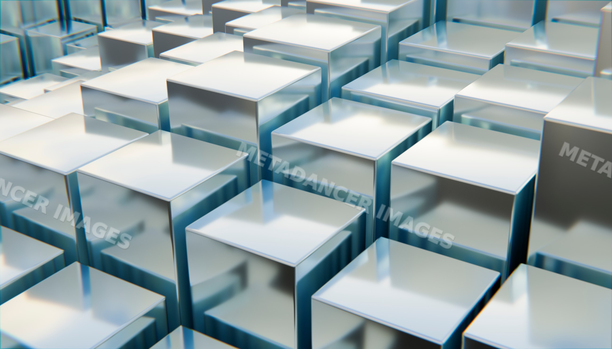 Close-up of shiny reflective metal cubes arranged in geometric pattern