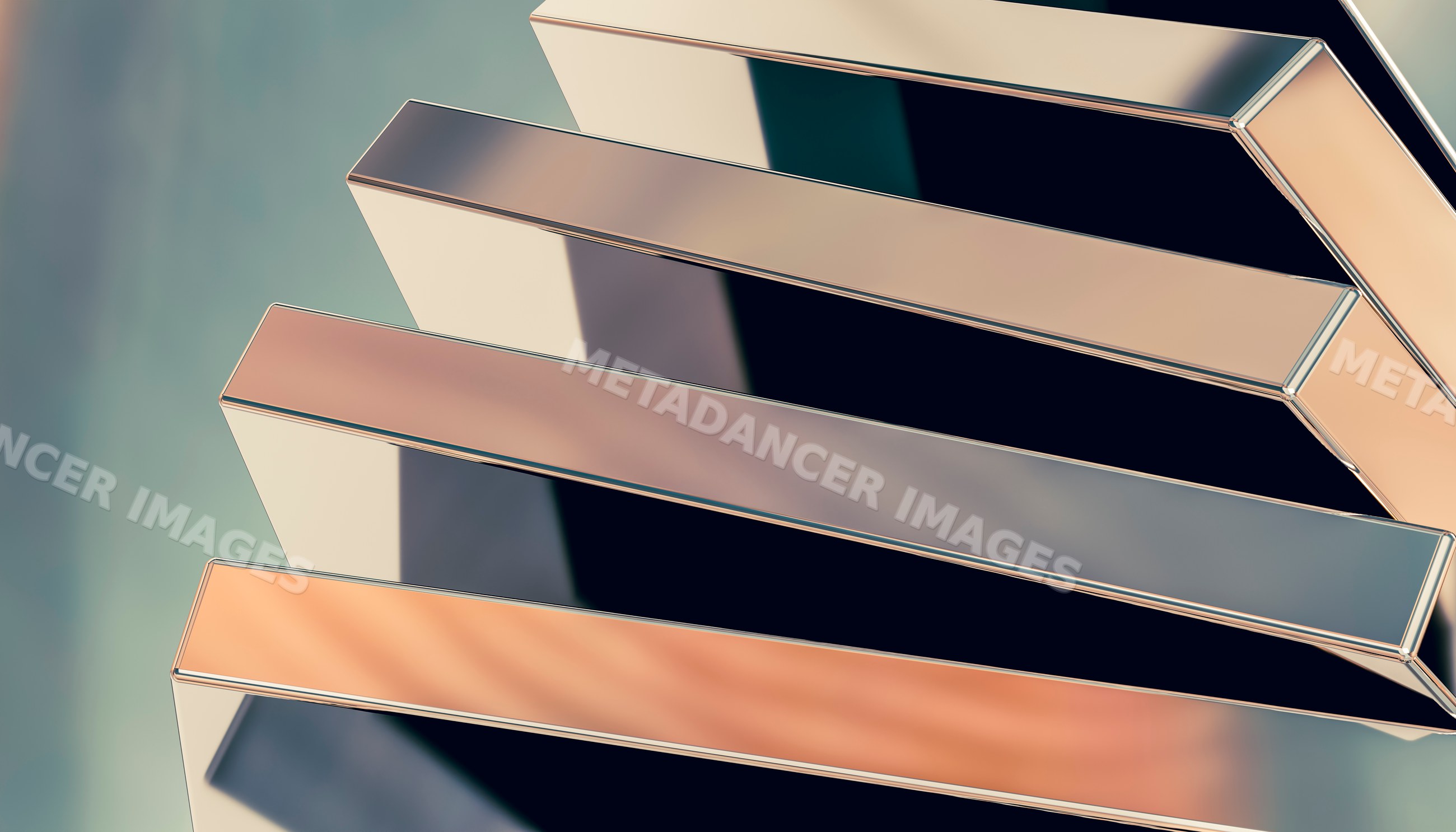 Close-up image of stacked reflective metal bars with smooth surfaces