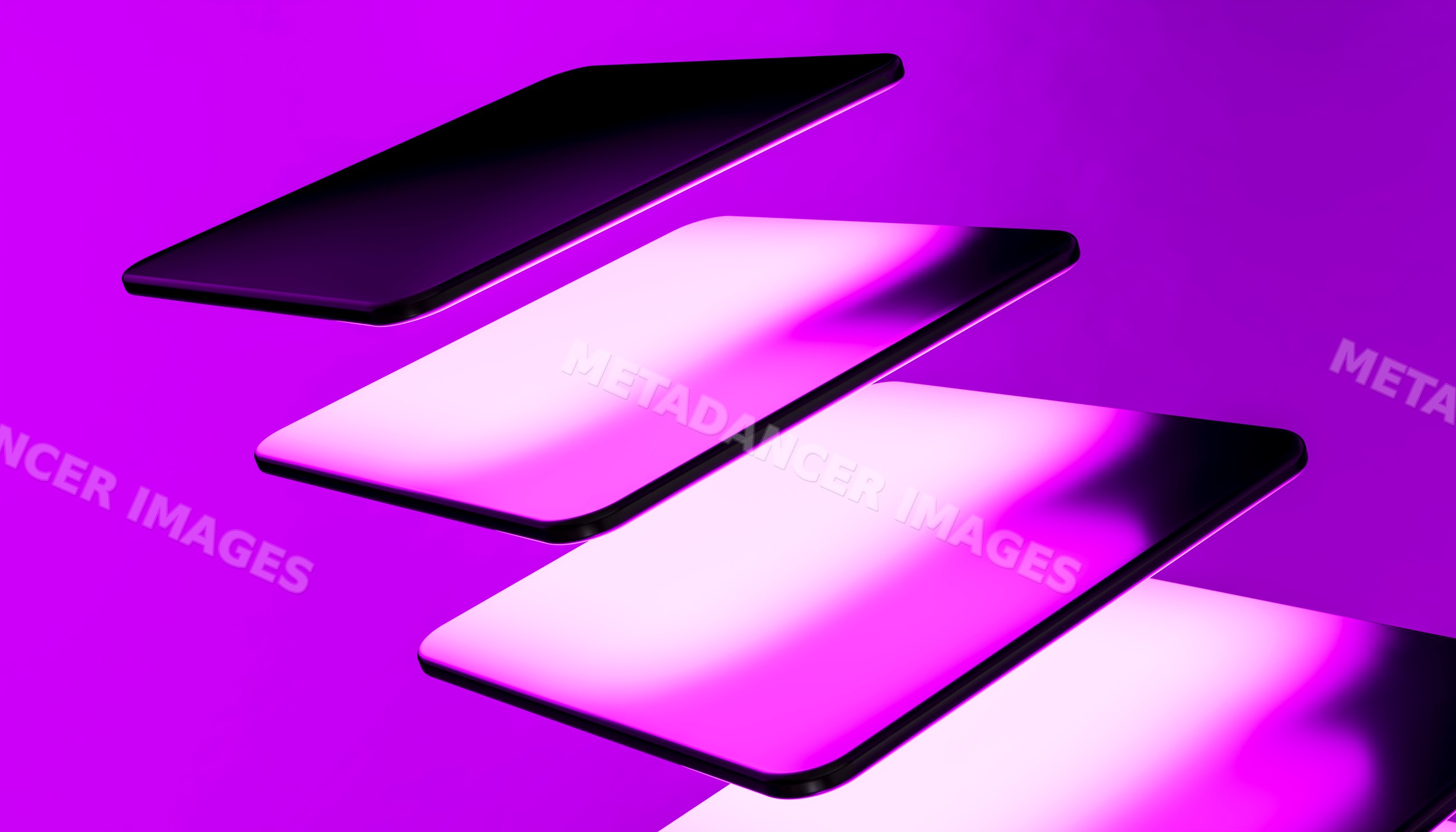 Floating smartphones displaying glowing purple screens