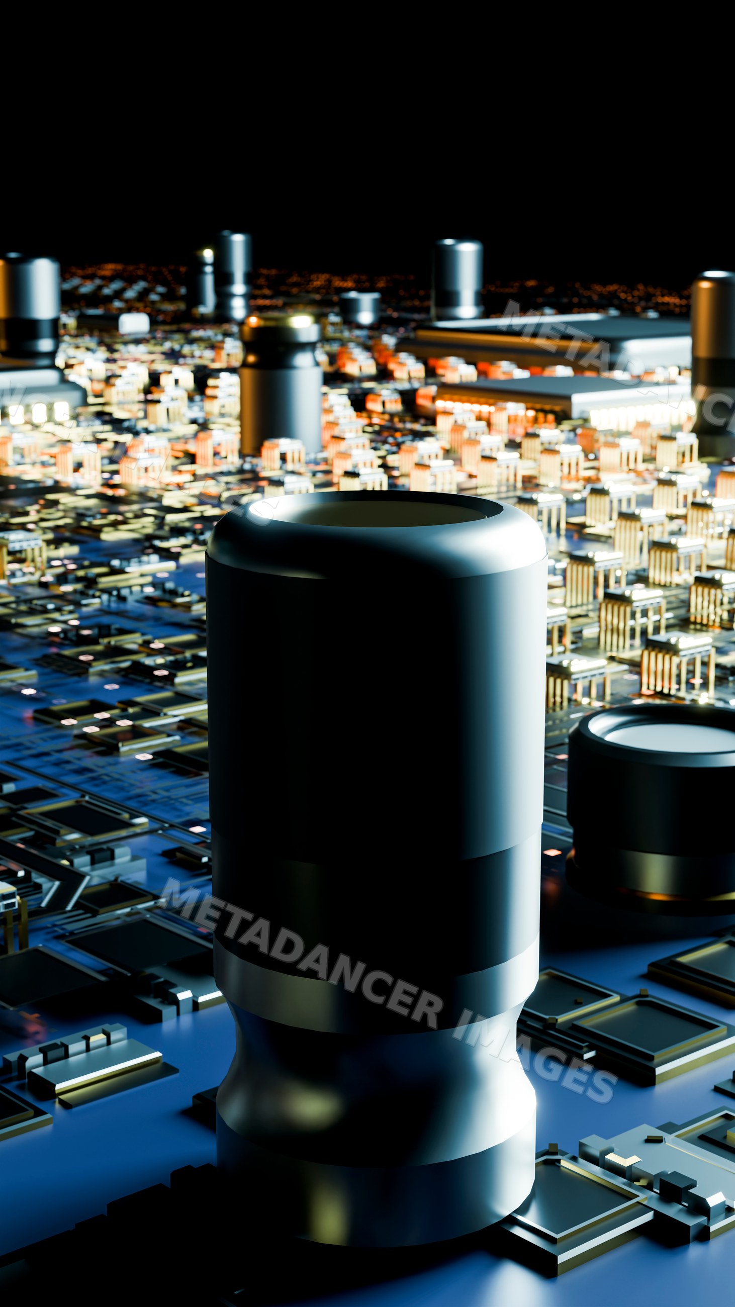Electronic capacitor on a blue circuit board close-up