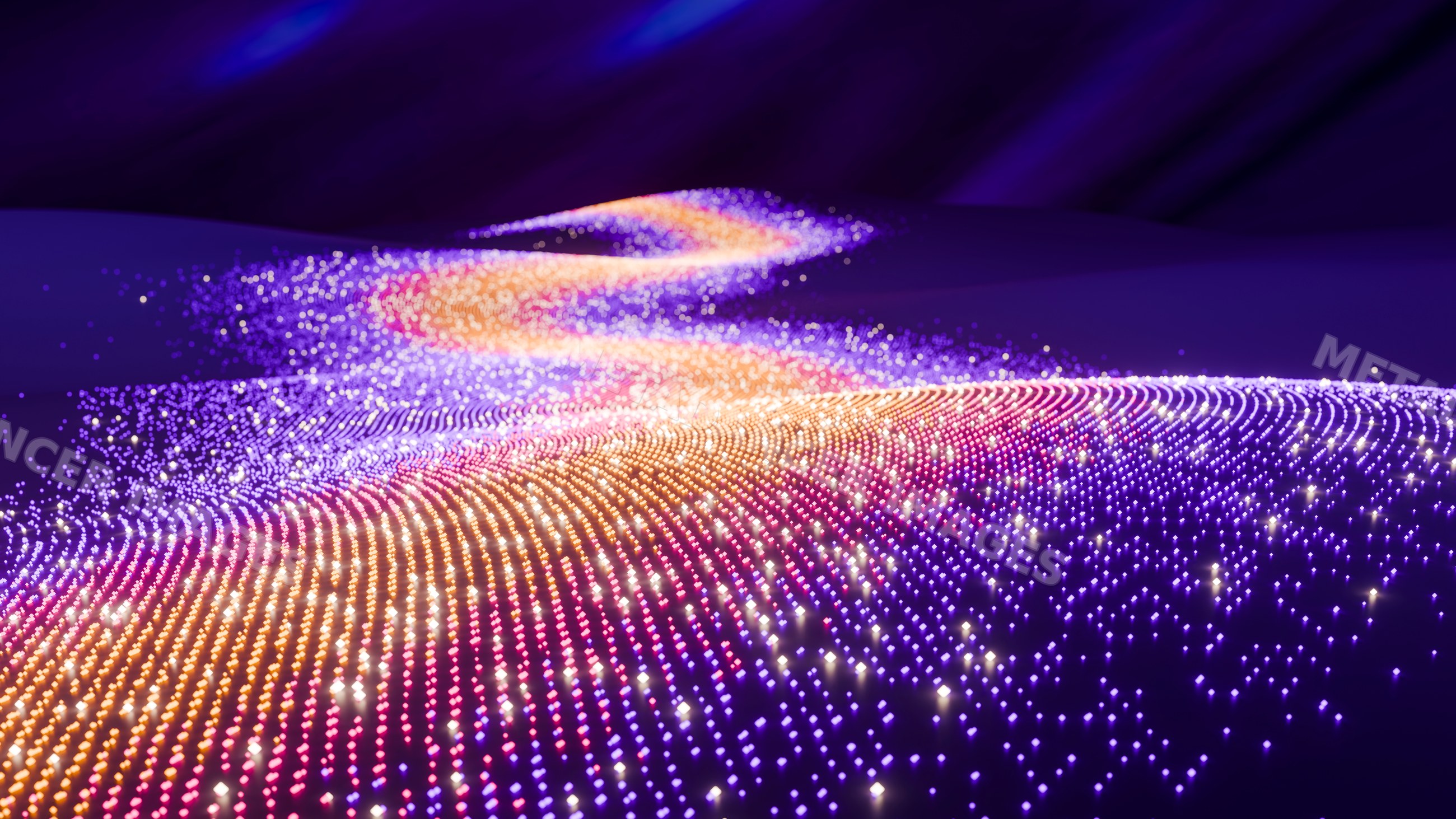 Curved glowing digital particle waves in colorful abstract pattern
