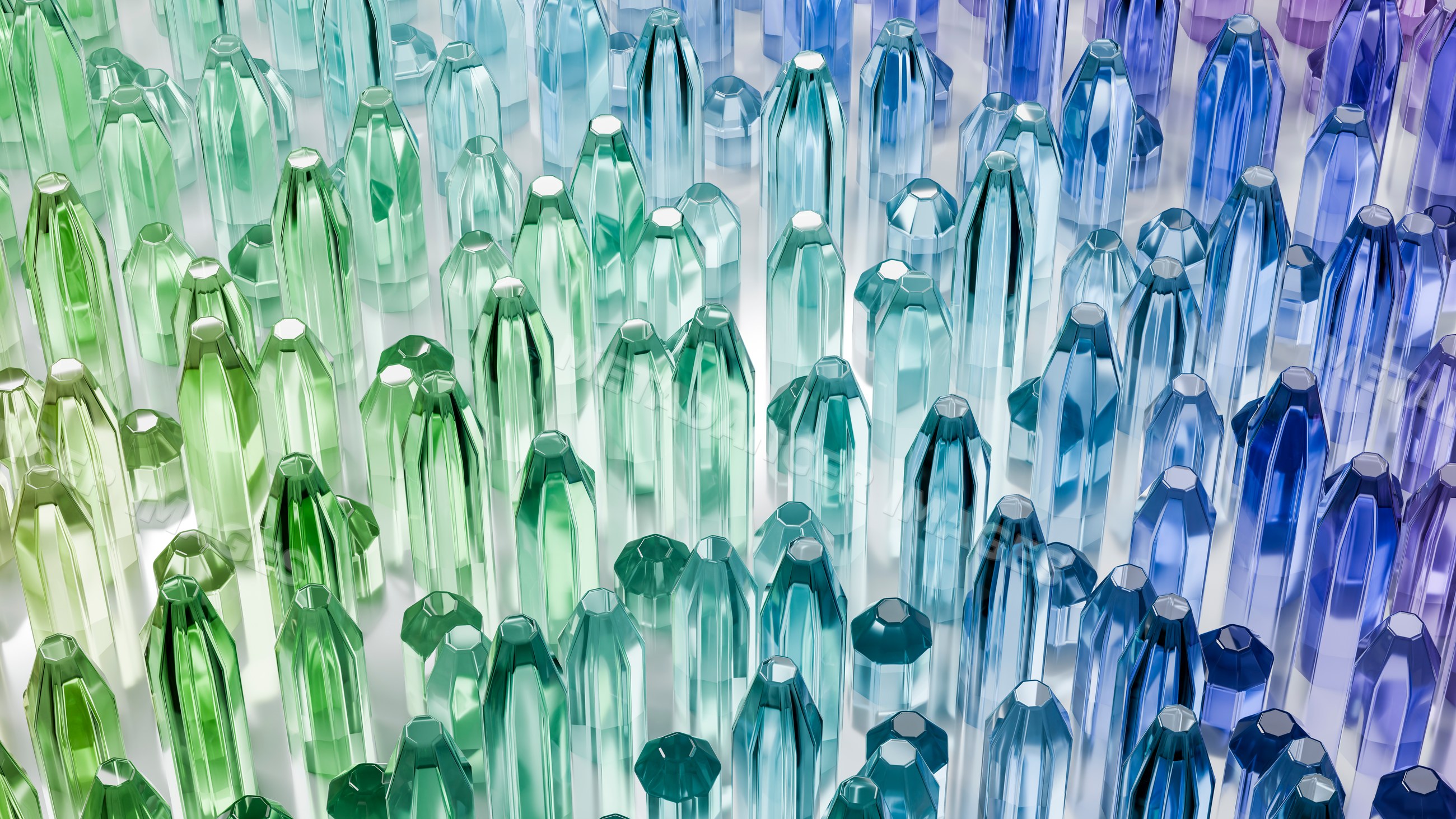 Colorful cluster of transparent green, blue