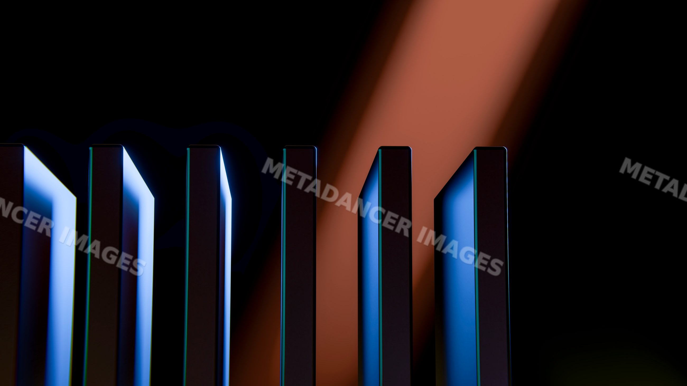 Abstract digital art featuring glowing vertical blue rectangles