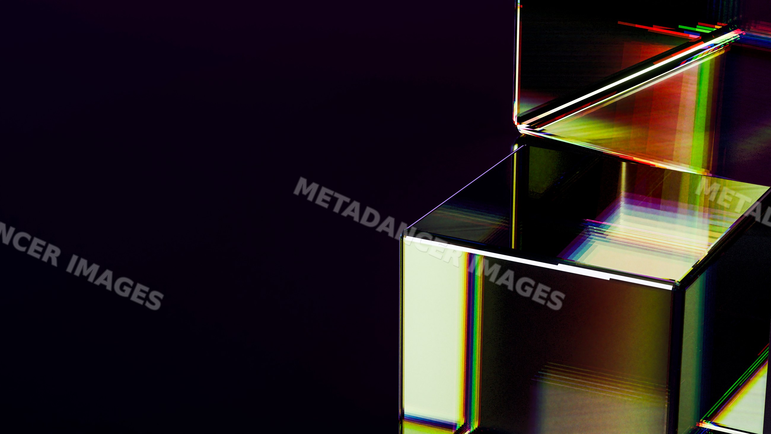 Glass box with open lid reflecting colorful light