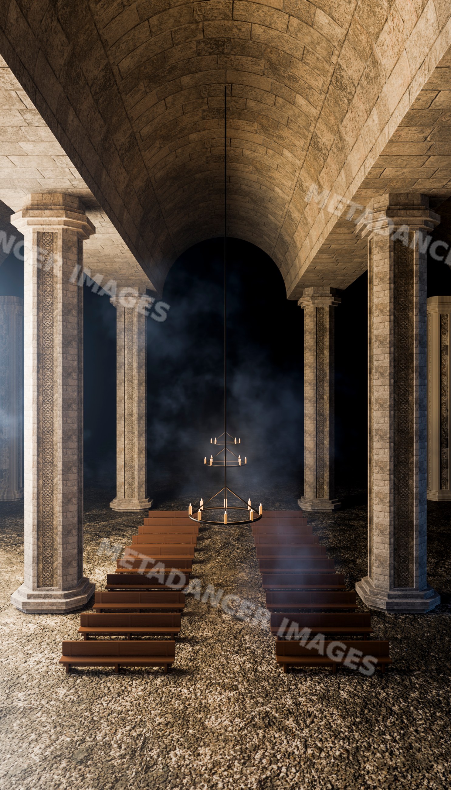 Medieval hall with vaulted stone ceiling and candle chandelier