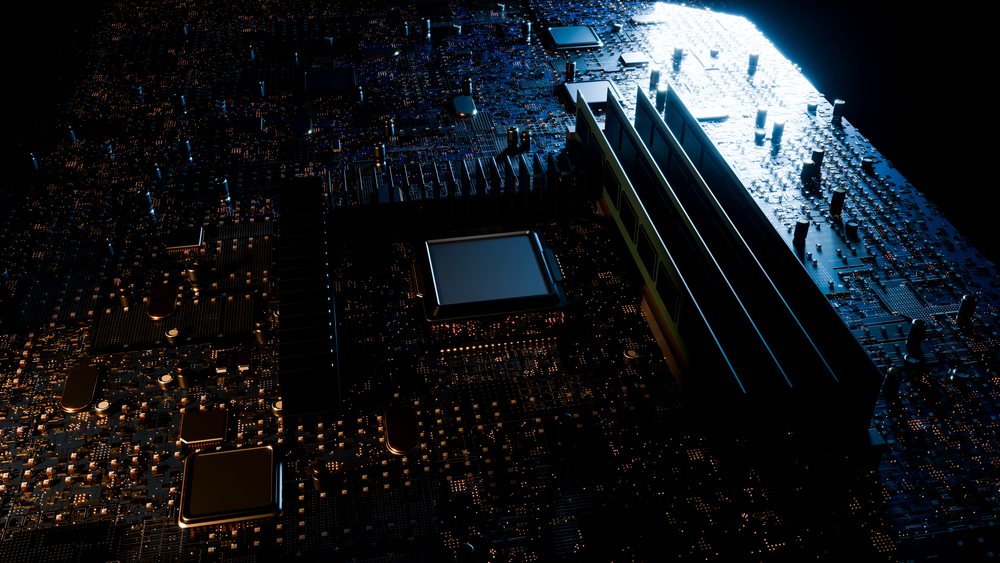 Computer motherboard with ram modules and integrated circuits