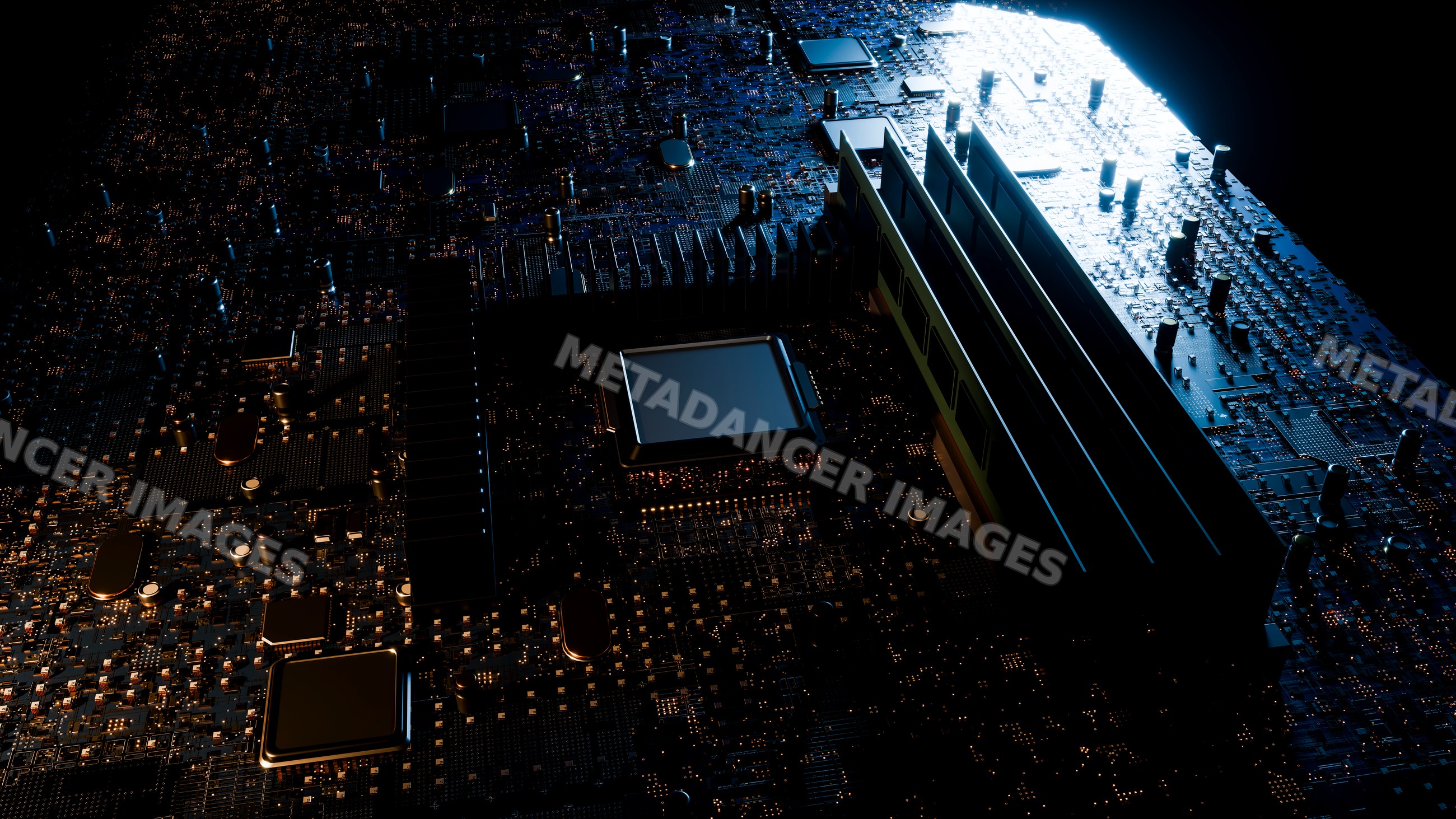 Computer motherboard with ram modules and integrated circuits