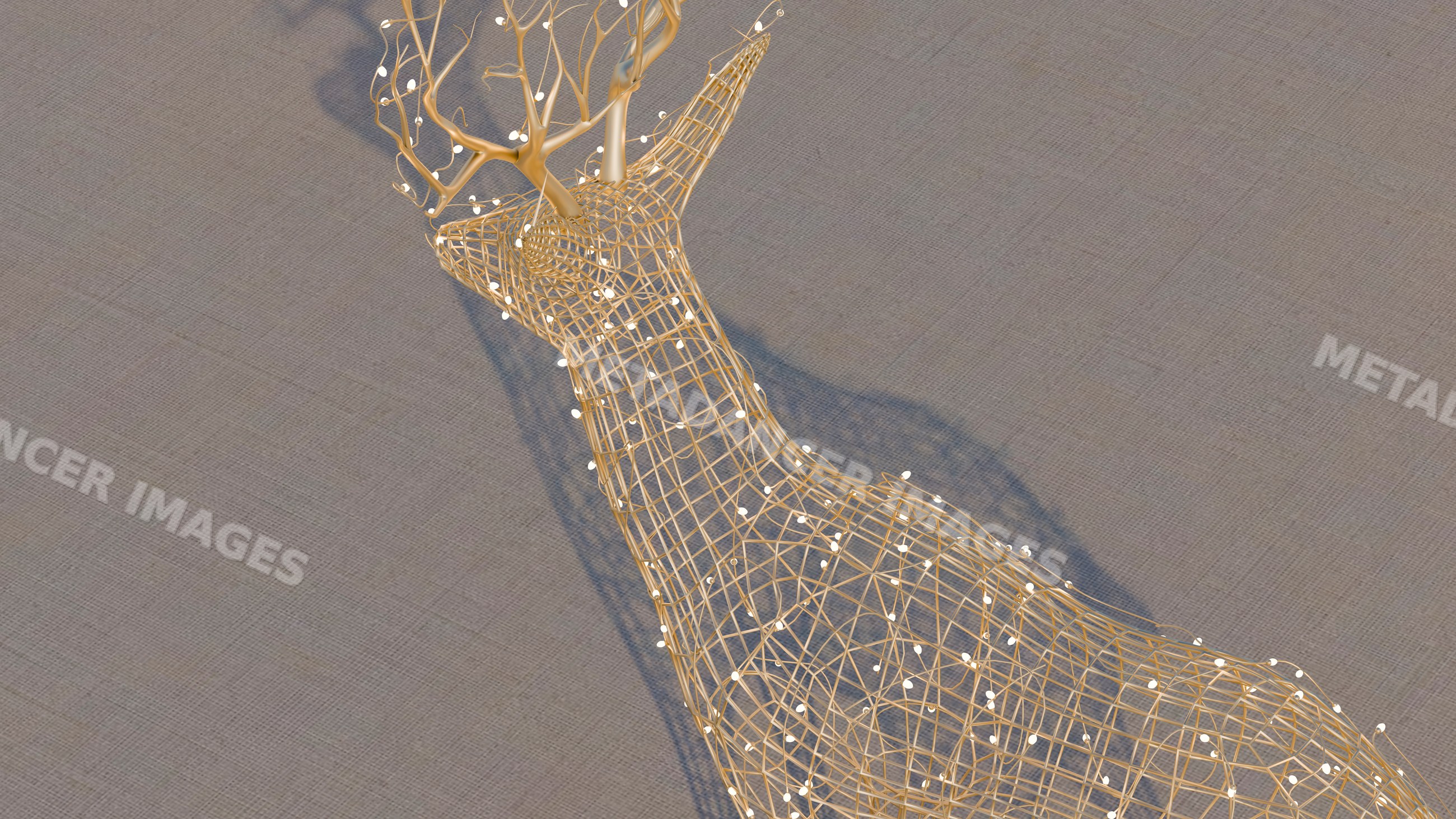Wireframe deer sculpture featuring decorative lighting and cast shadow