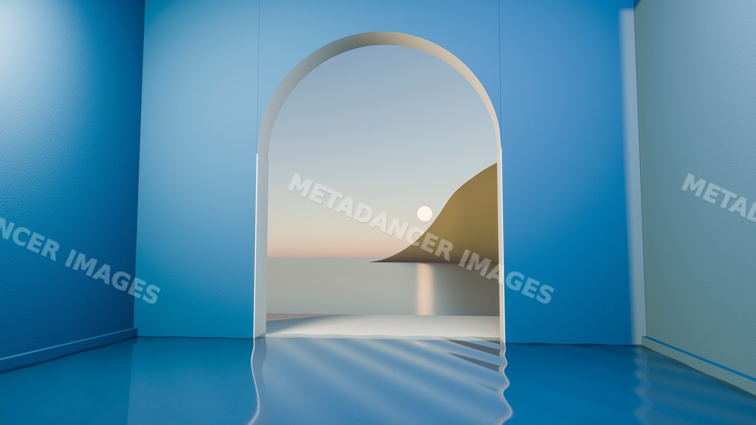 Calm sea and hill visible through archway