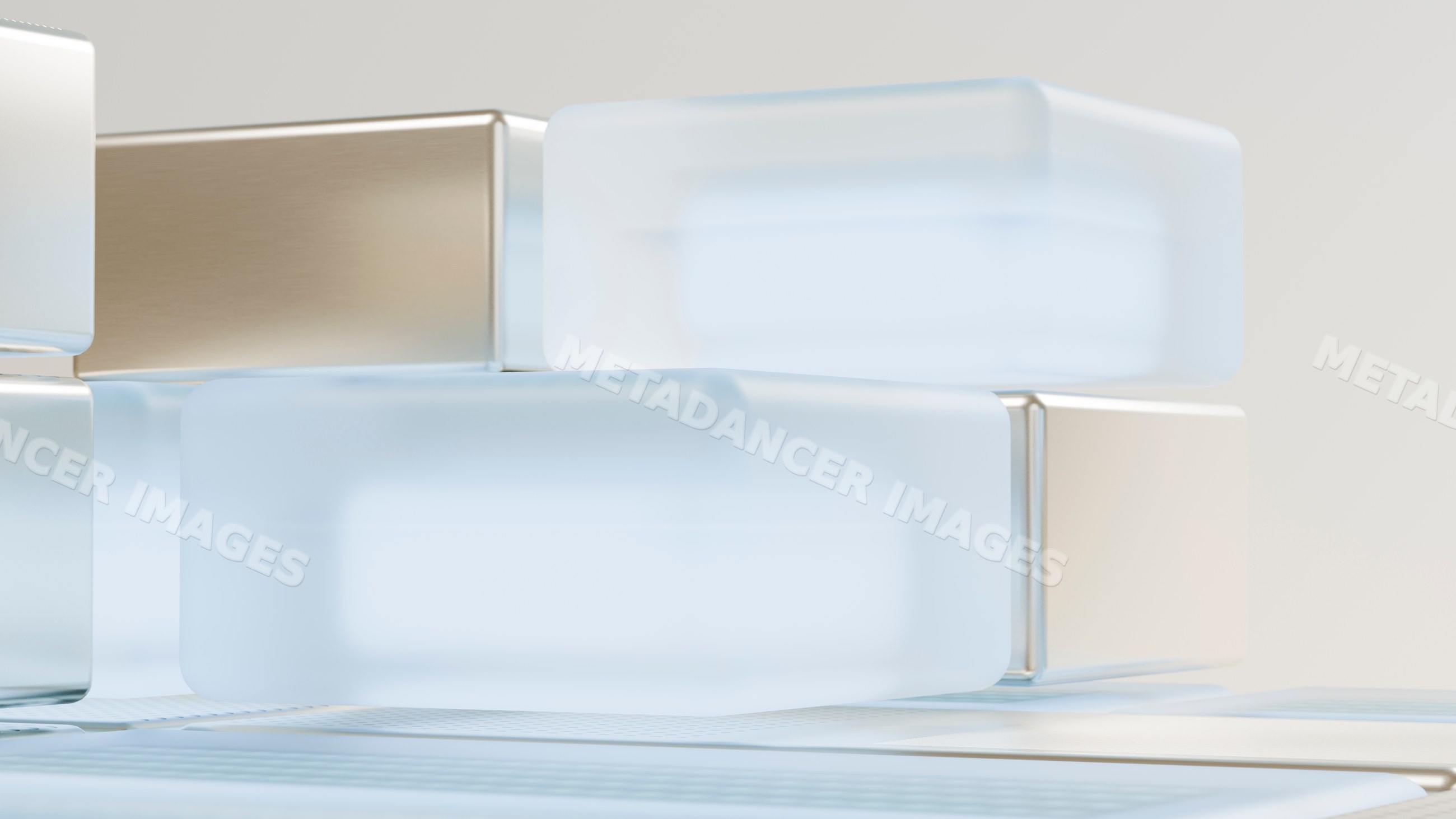 Abstract stacked frosted glass and metallic blocks