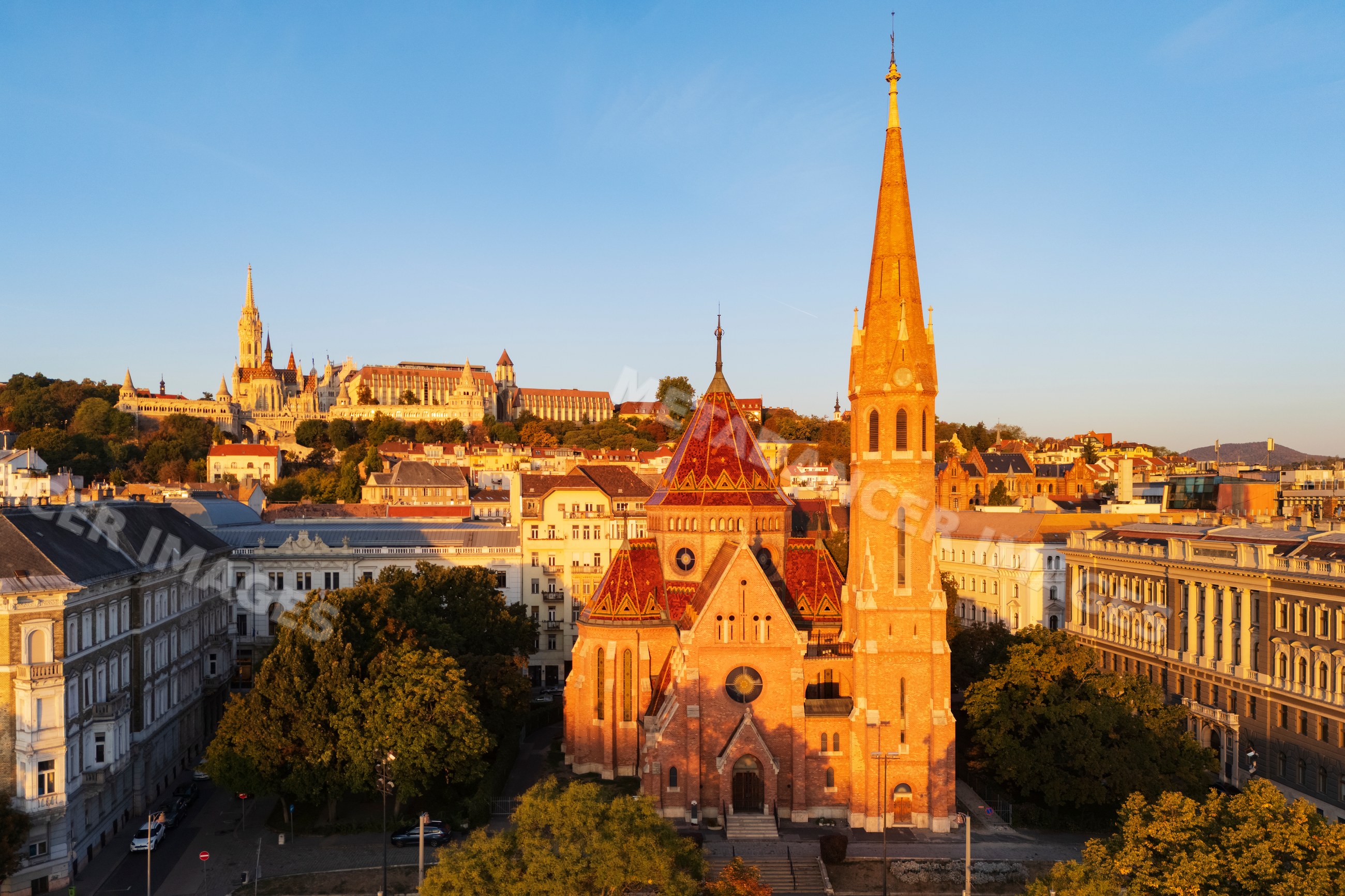 Szilágyi dezso square reformed church at Sunrise in budapest Hungary