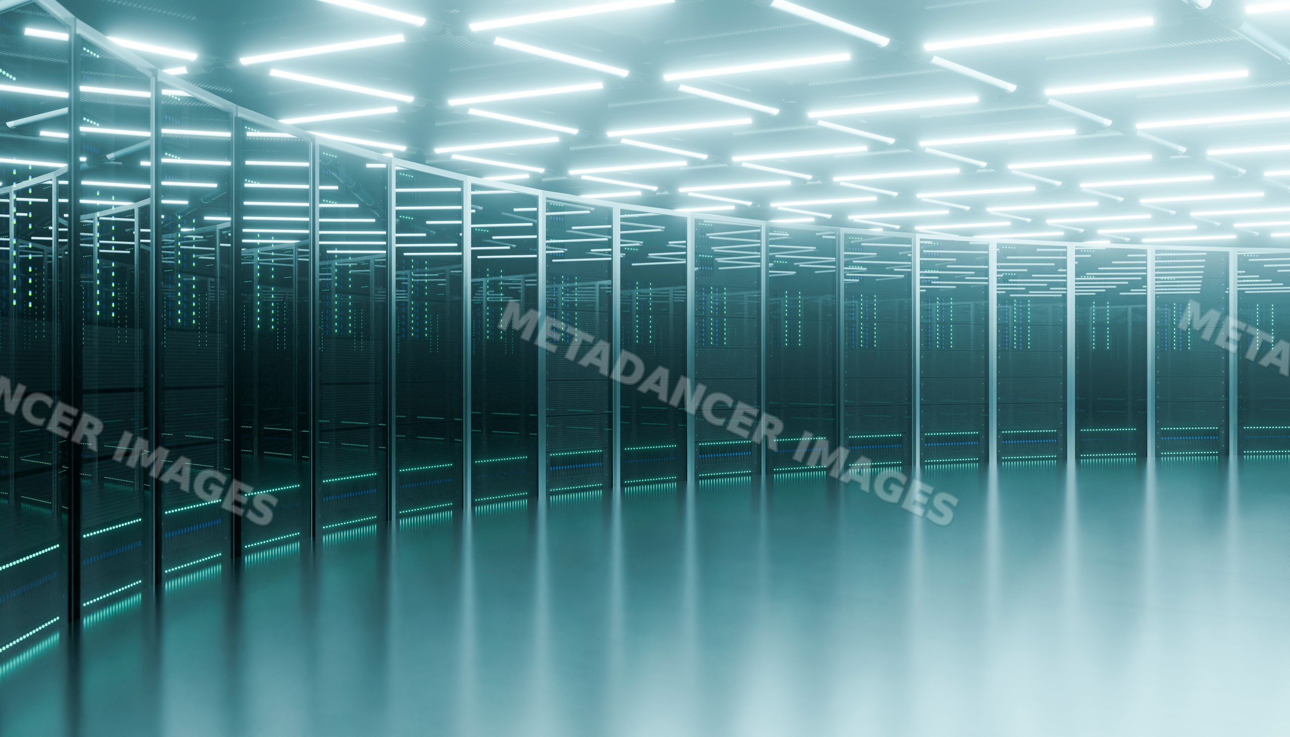 Data center interior showing rows of illuminated server racks