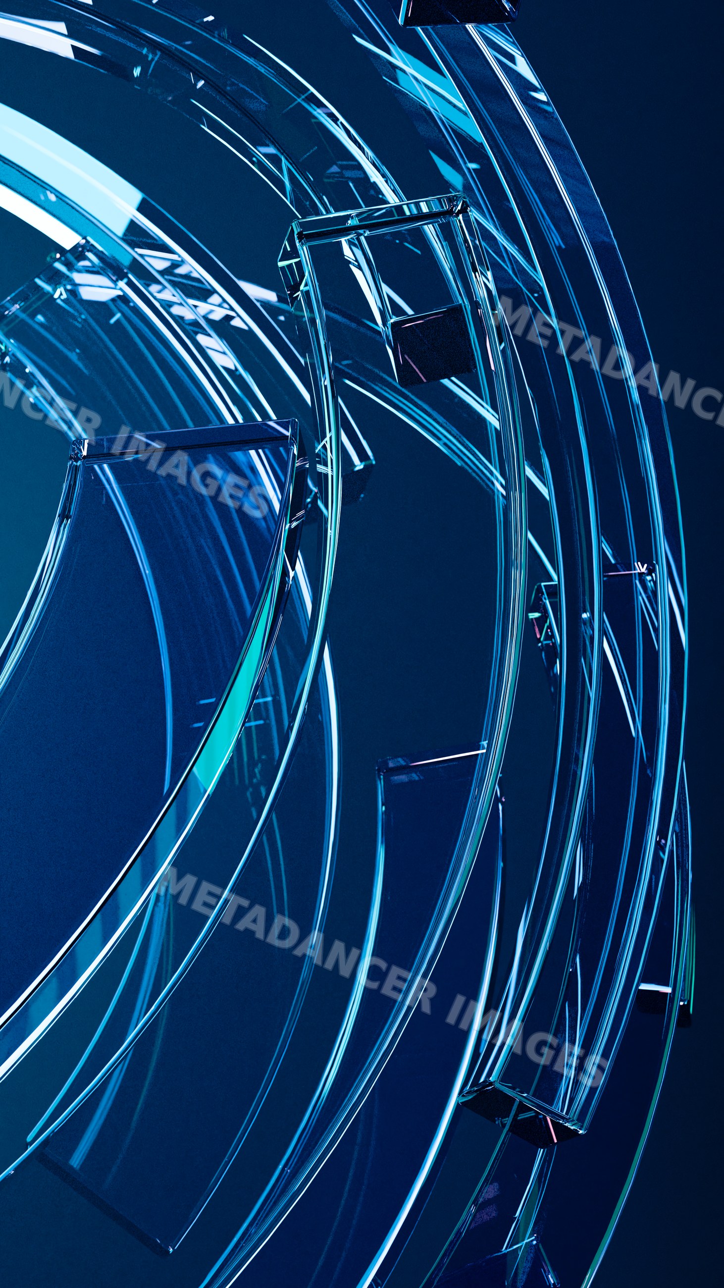 Curved transparent glass shapes with blue reflections