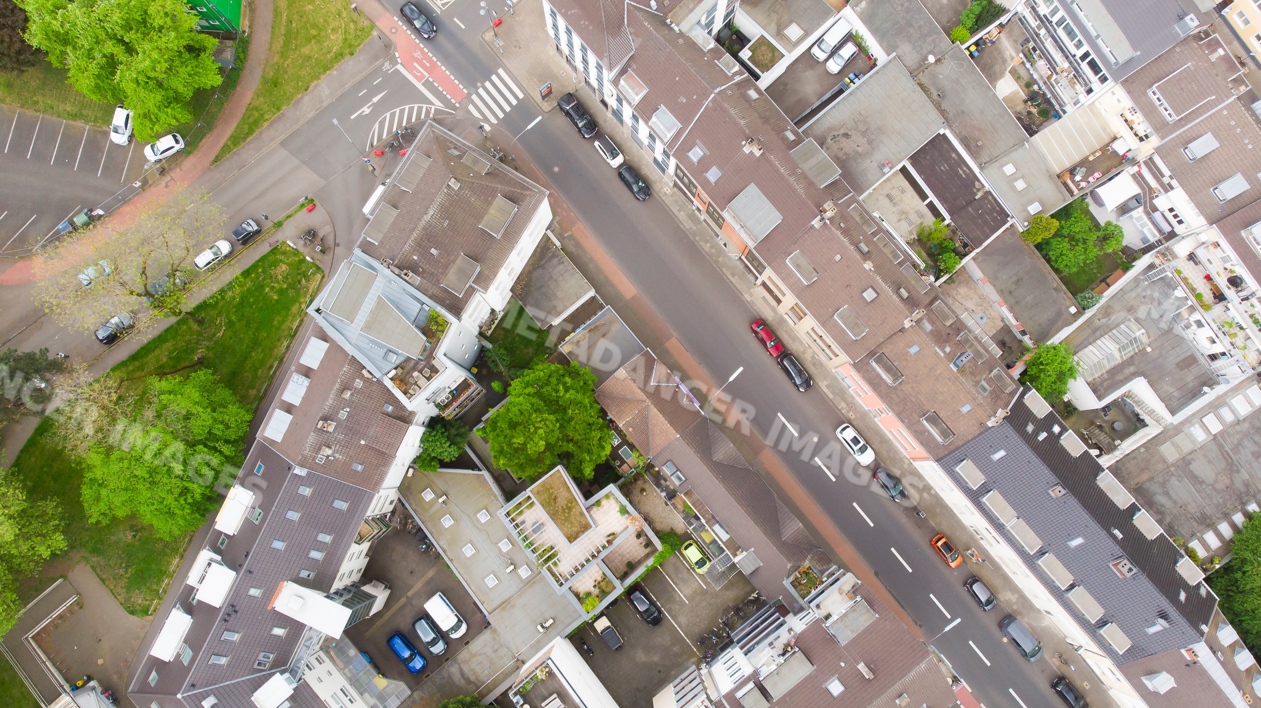 Aerial view of residential buildings and streets in a historic